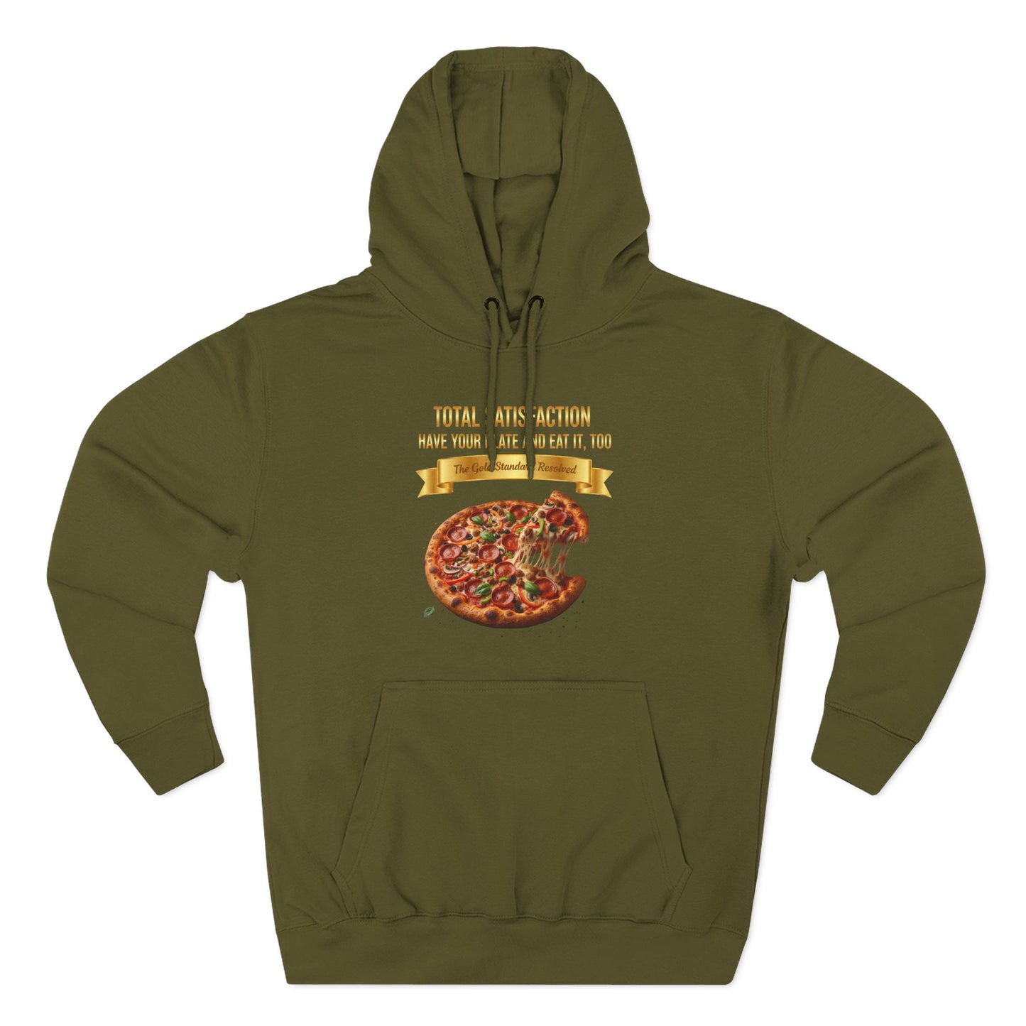 3D Food Fashion design for E U F Outlet featuring a cheesy pizza with toppings on a black plate against a solid black ground on a premium hoodie.