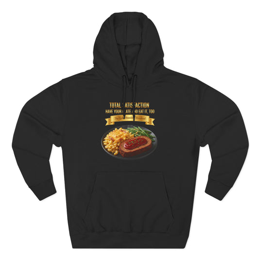 3D Food Fashion design for E U F Outlet featuring a glazed meatloaf slice, a side of macaroni and cheese, and grilled green string beans on a black plate, centered for a premium hoodie.
