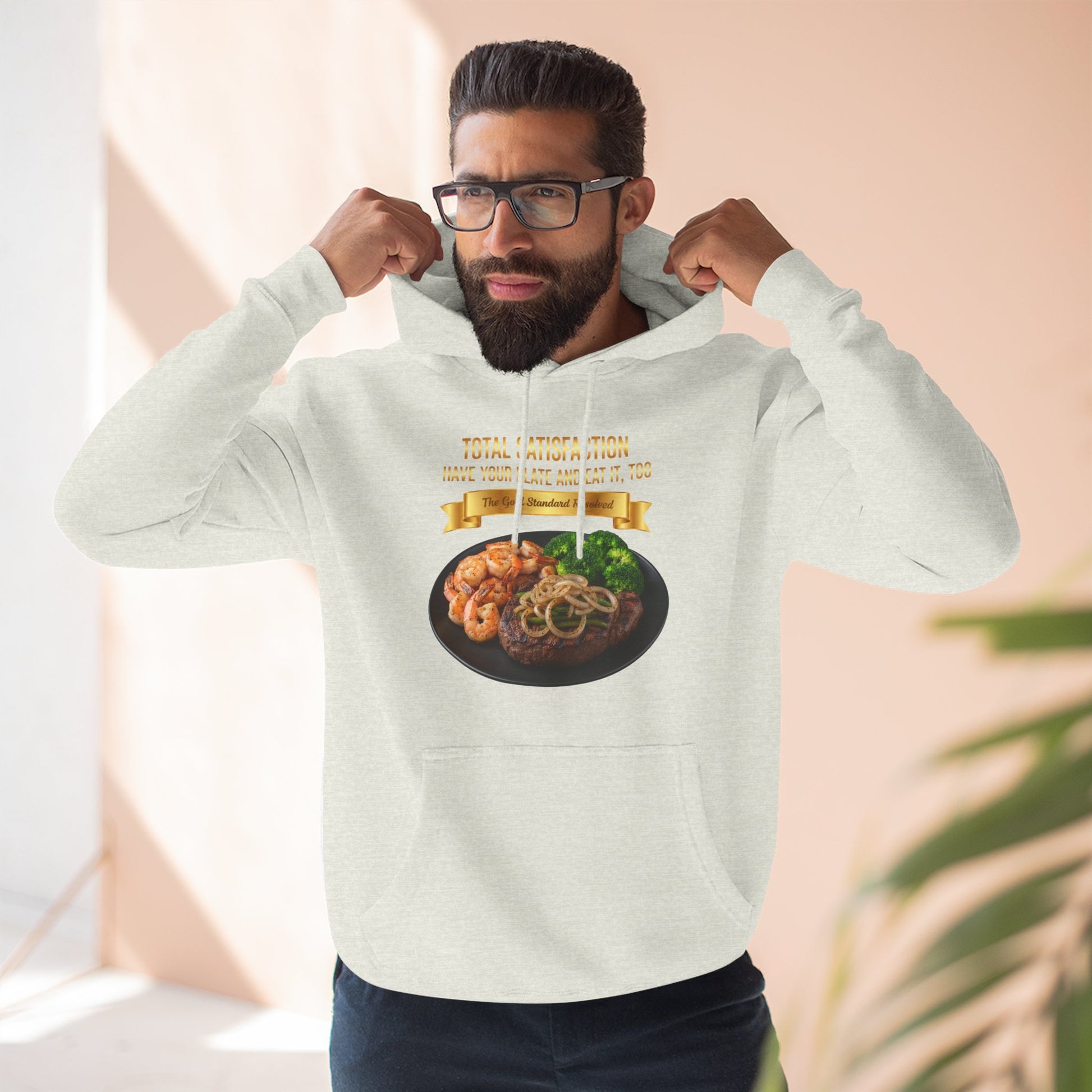 3D Food Fashion design for E U F Outlet featuring a grilled ribeye steak with green peppers and onions, shrimp, and broccoli on a black plate against a solid black ground on a premium hoodie.