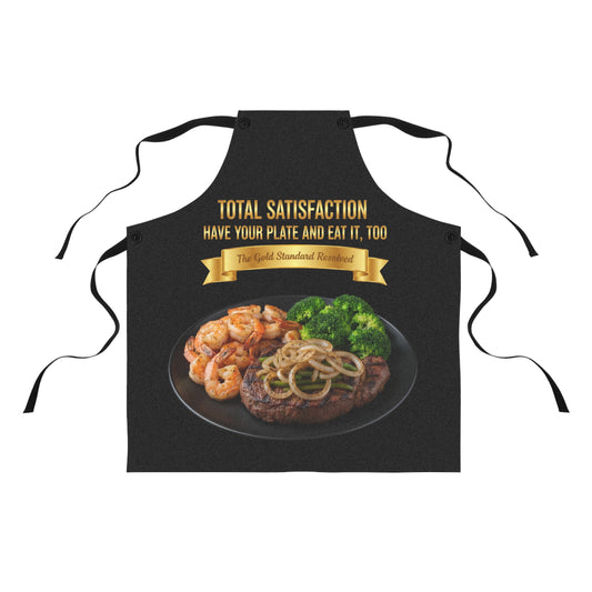 3D Food Fashion design for E U F Outlet featuring a grilled ribeye steak with green peppers and onions, shrimp, and broccoli on a black plate against a solid black ground on a premium apron.