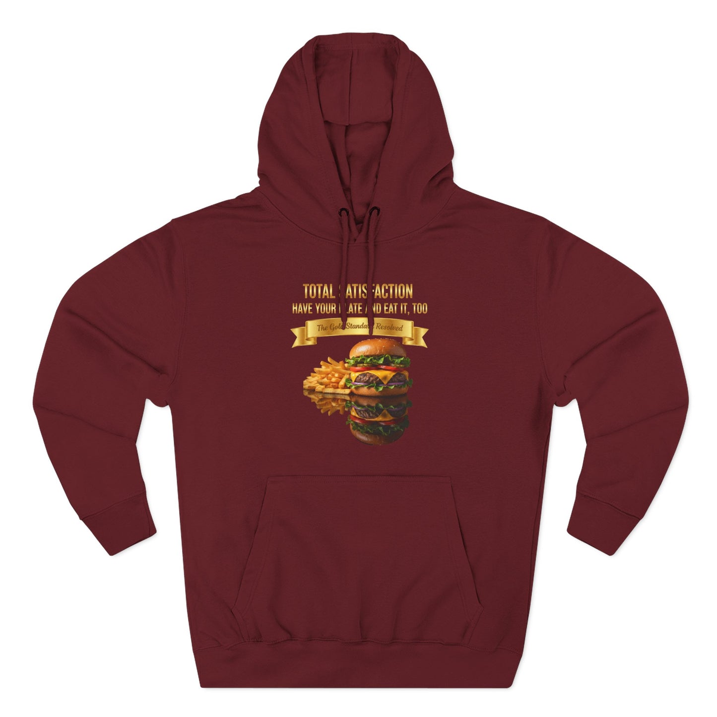 3D Food Fashion design for E U F Outlet featuring a cheeseburger and french fries on a black plate against a solid black ground on a premium hoodie.