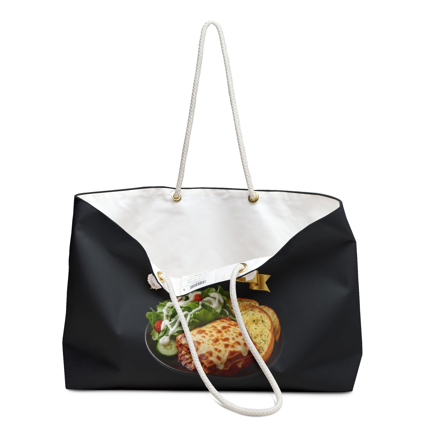 3D Food Fashion design for E U F Outlet featuring lasagna, a salad with ranch dressing, and two slices of garlic bread on a black plate against a solid black ground on a premium Weekender bag.