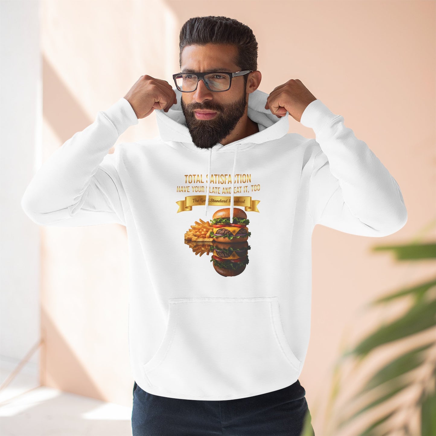 3D Food Fashion design for E U F Outlet featuring a cheeseburger and french fries on a black plate against a solid black ground on a premium hoodie.