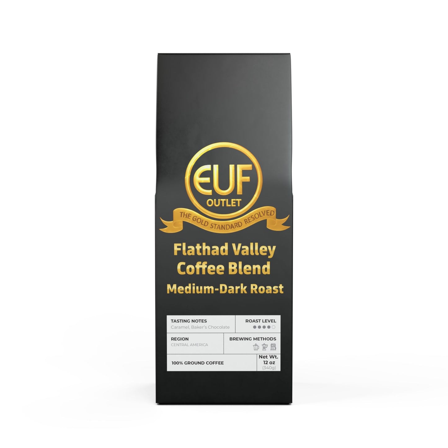 ™The Gold Standard Resolved™: Flathead Valley Coffee Blend (Medium-Dark Roast) by ™EUF Outlet.. featuring solid 24K gold 99.99 purity lettering on a transparent background for Express Unity Fashion.