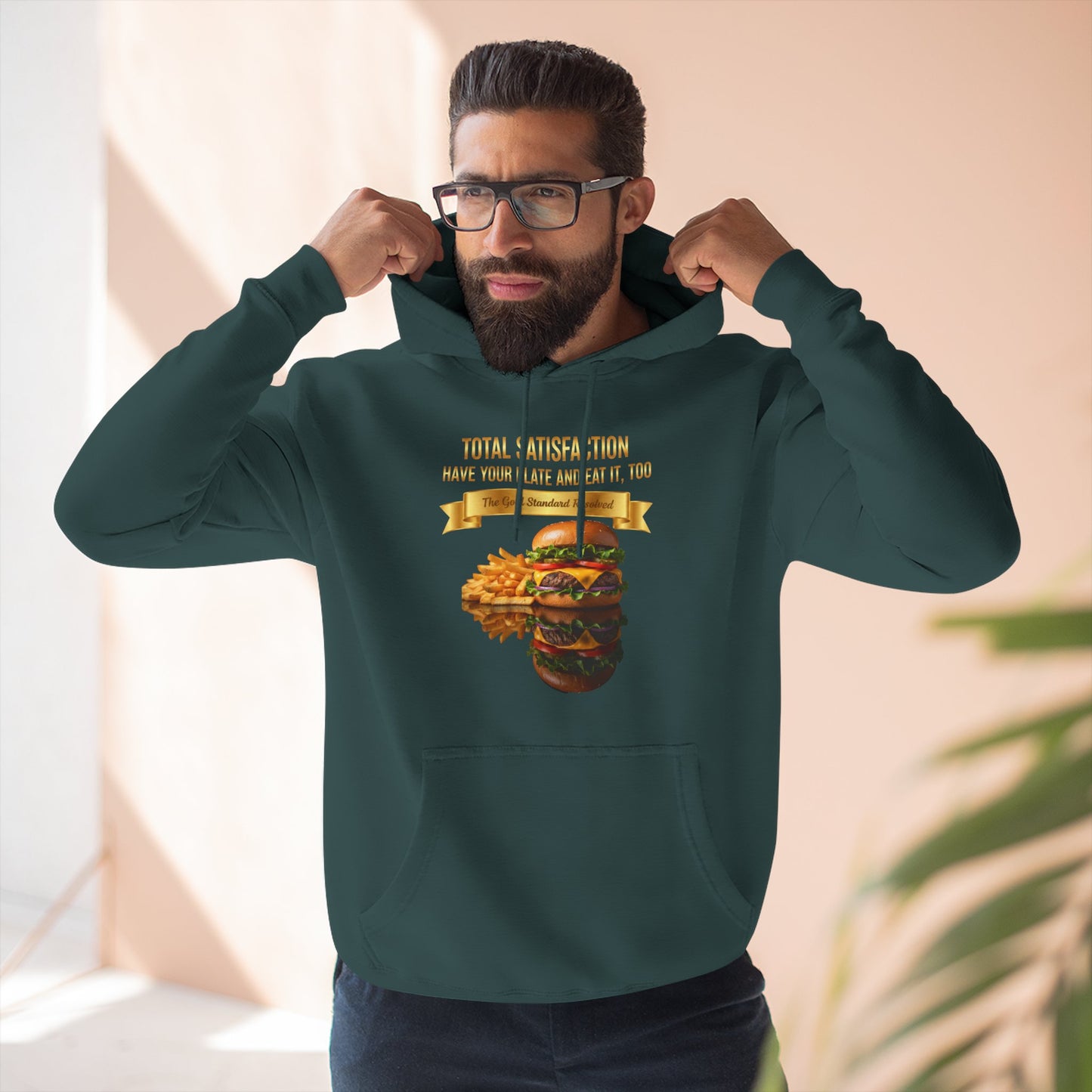 3D Food Fashion design for E U F Outlet featuring a cheeseburger and french fries on a black plate against a solid black ground on a premium hoodie.