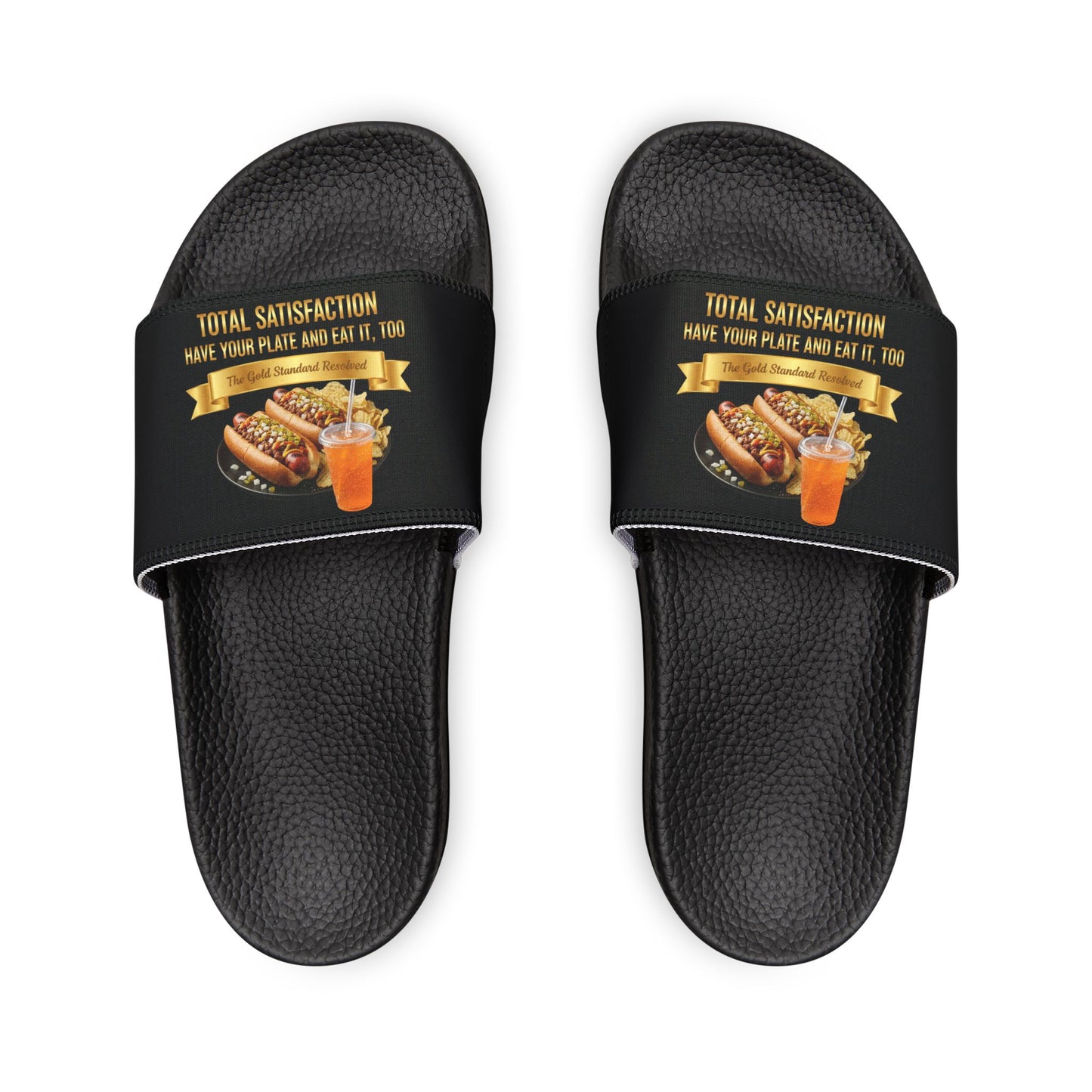 3D Food Fashion design for E U F Outlet featuring two chili hot dogs with onions and relish, a pile of potato chips, and a clear cup of orange soda with a lid and straw on a black plate, square format for premium slippers.
