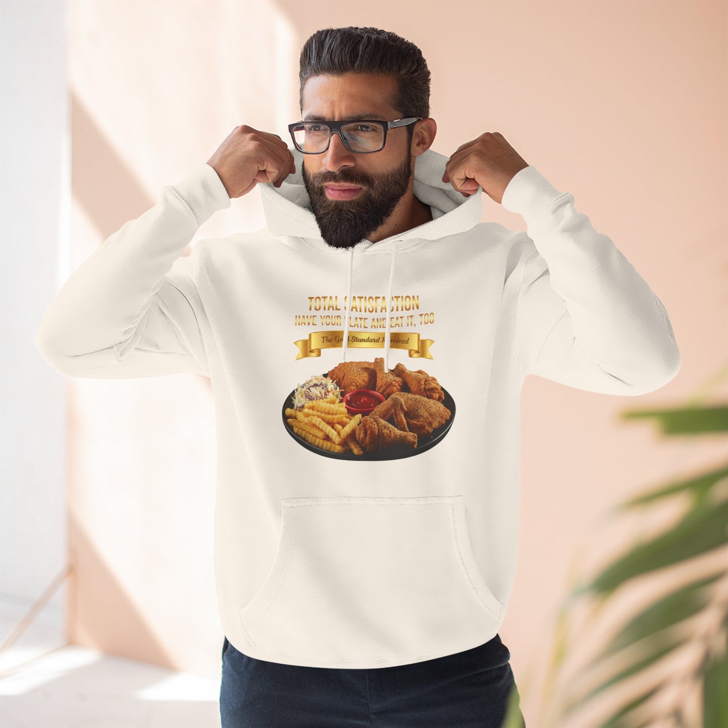 3D Food Fashion design for E U F Outlet featuring six pieces of fried chicken, french fries, coleslaw, and ketchup on a black plate against a solid black ground on a premium hoodie.