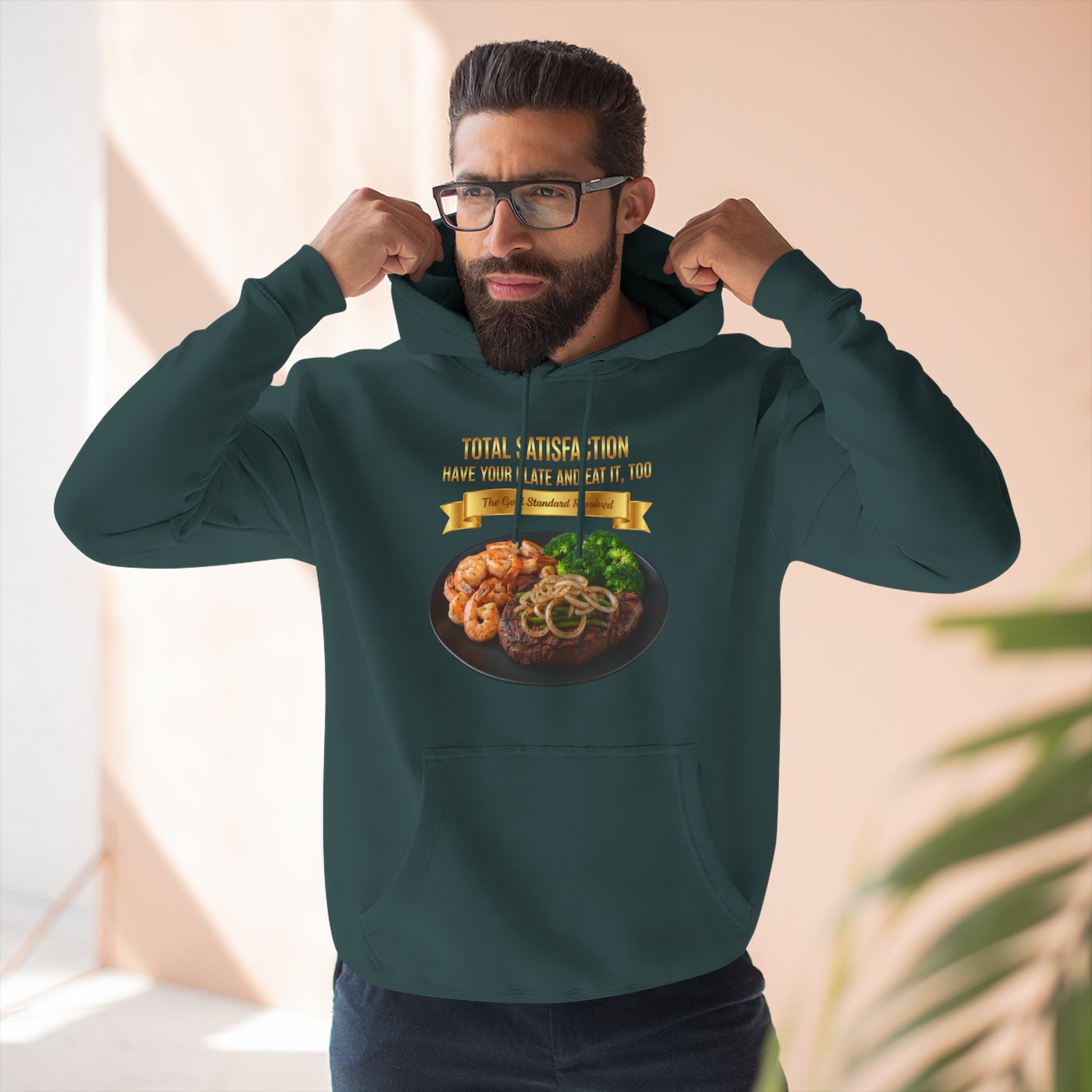3D Food Fashion design for E U F Outlet featuring a grilled ribeye steak with green peppers and onions, shrimp, and broccoli on a black plate against a solid black ground on a premium hoodie.