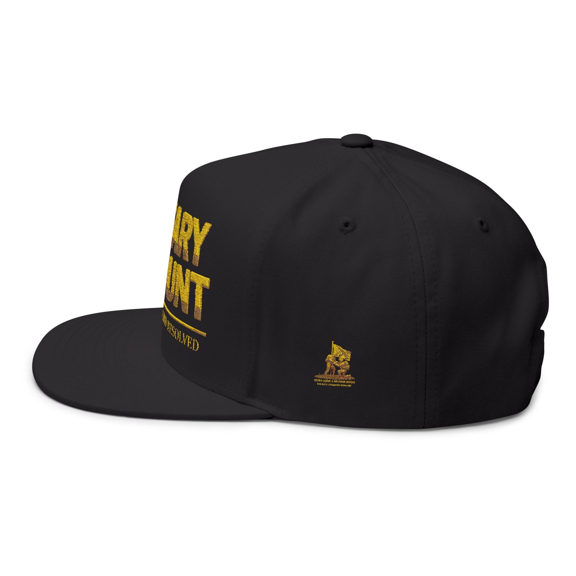 A premium high-profile flat-bill cap from E U F Outlet.. in a sleek, unified black. The front features thick, raised 24K gold embroidery with the text "MILITARY DISCOUNT" and the trademarked slogan "™The Gold Standard Resolved™" beneath it. The heavy-duty gold thread creates a 99.99% gold standard contrast against the deep black cotton twill.