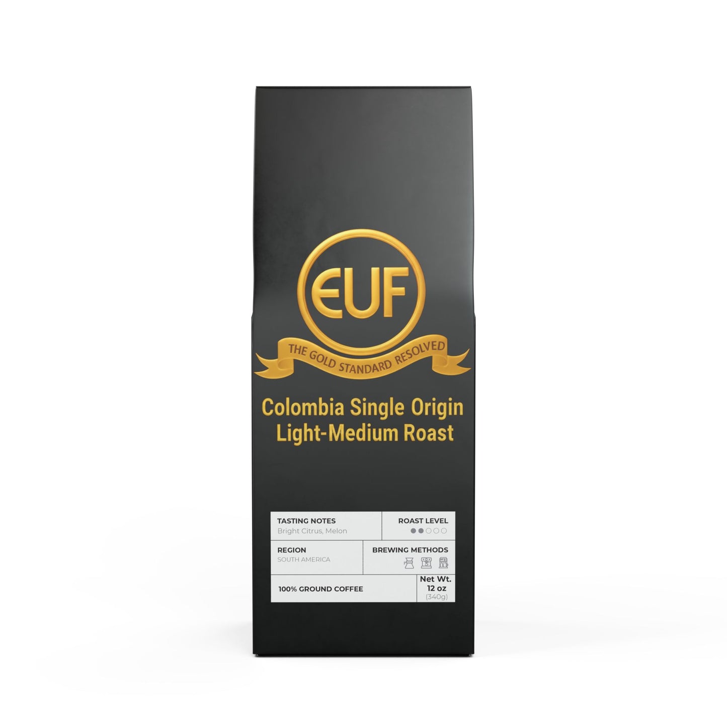 ™The Gold Standard Resolved™: Colombia Single Origin (Light-Medium Roast) by ™EUF Outlet.. showcased in solid 24K gold 99.99 purity lettering on a transparent background for Express Unity Fashion.