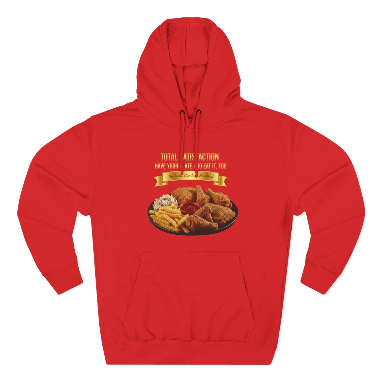 3D Food Fashion design for E U F Outlet featuring six pieces of fried chicken, french fries, coleslaw, and ketchup on a black plate against a solid black ground on a premium hoodie.