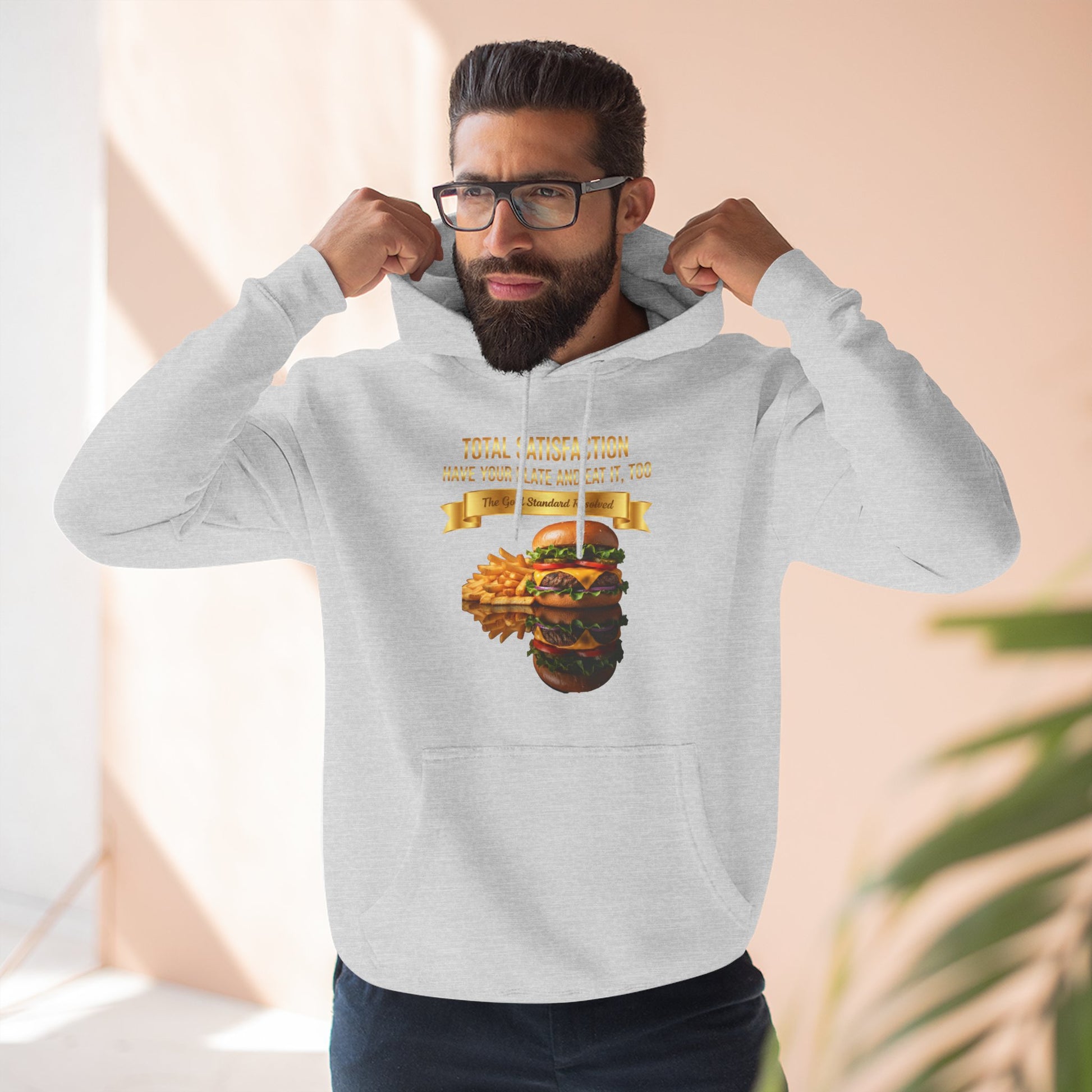 3D Food Fashion design for E U F Outlet featuring a cheeseburger and french fries on a black plate against a solid black ground on a premium hoodie.