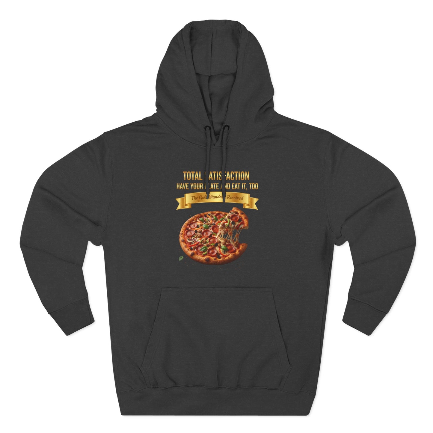 3D Food Fashion design for E U F Outlet featuring a cheesy pizza with toppings on a black plate against a solid black ground on a premium hoodie.