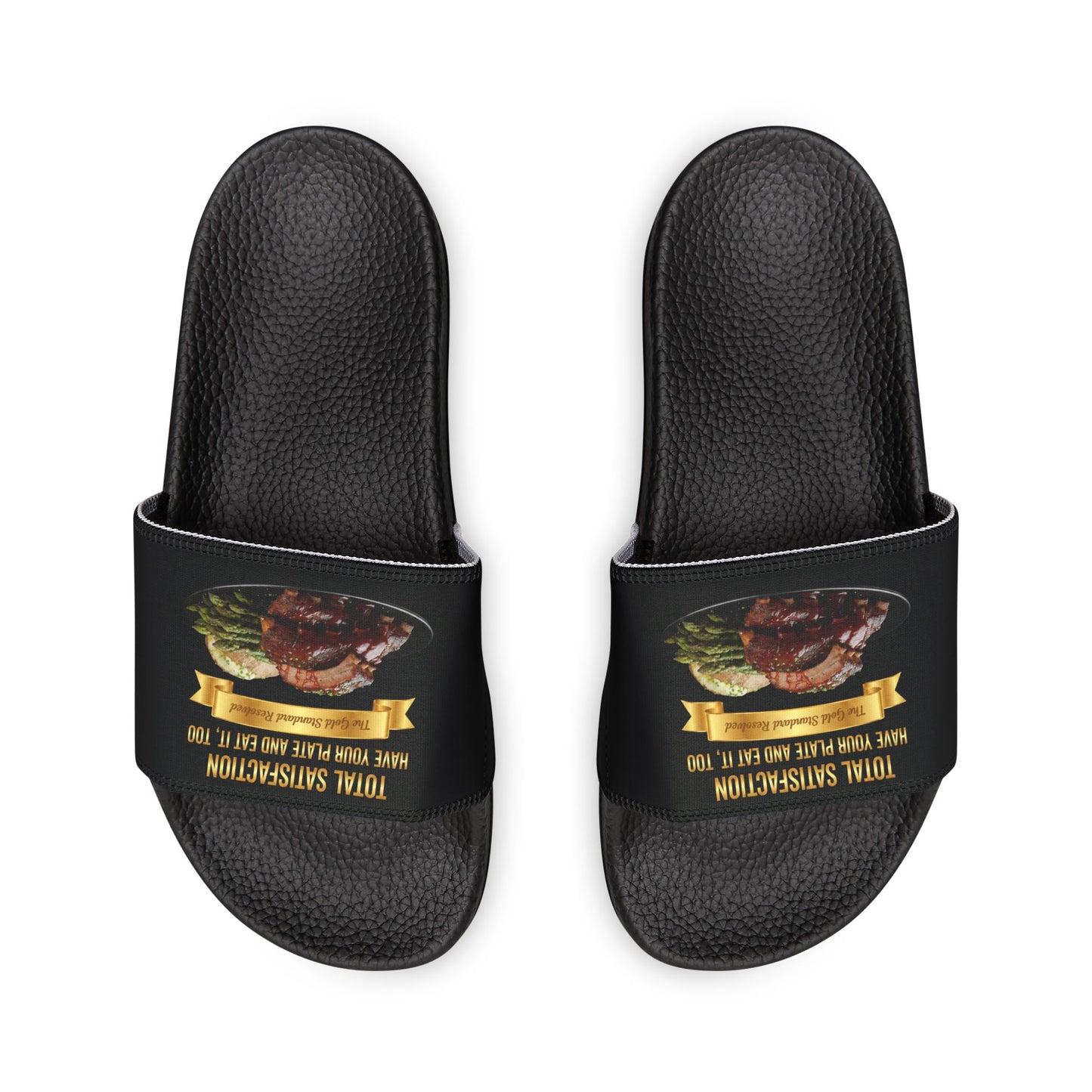 3D Food Fashion design for E U F Outlet featuring barbecue ribs, asparagus, and a baked potato on a black plate against a solid black ground on premium sandals.