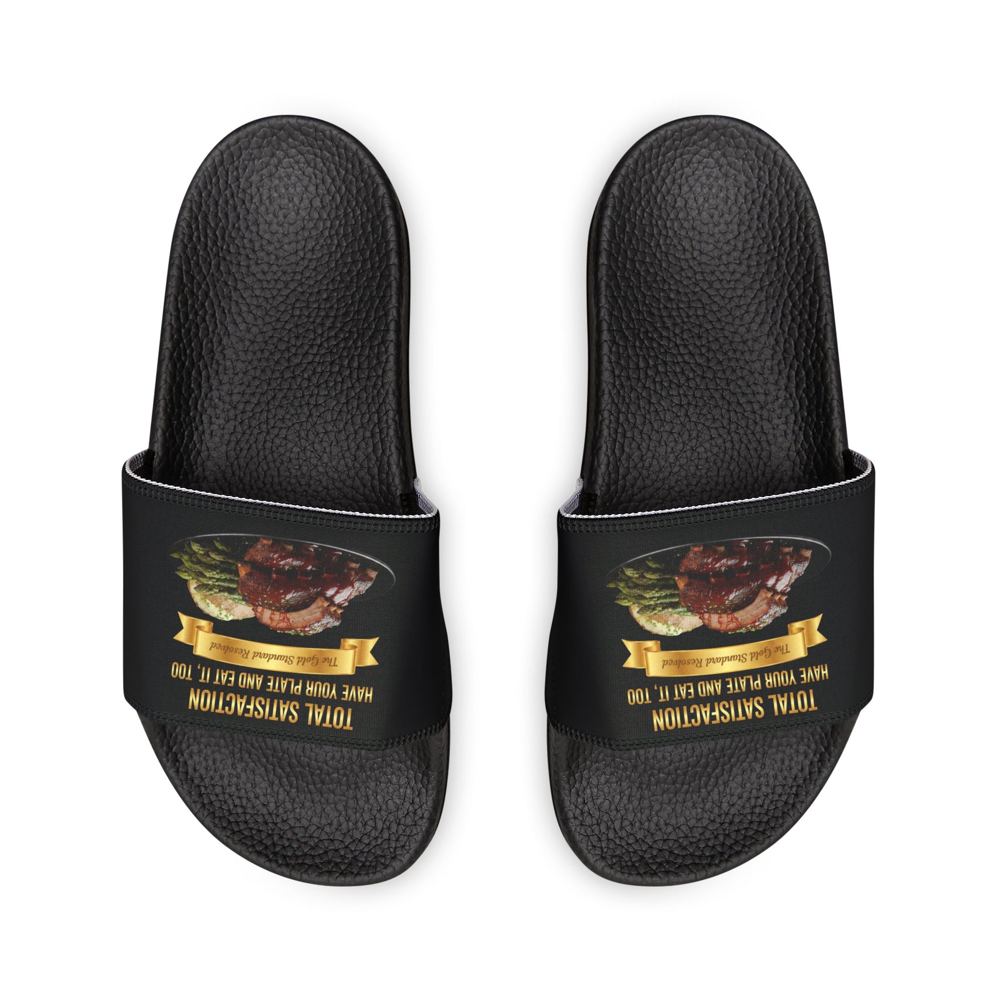 3D Food Fashion design for E U F Outlet featuring barbecue ribs, asparagus, and a baked potato on a black plate against a solid black ground on premium sandals.