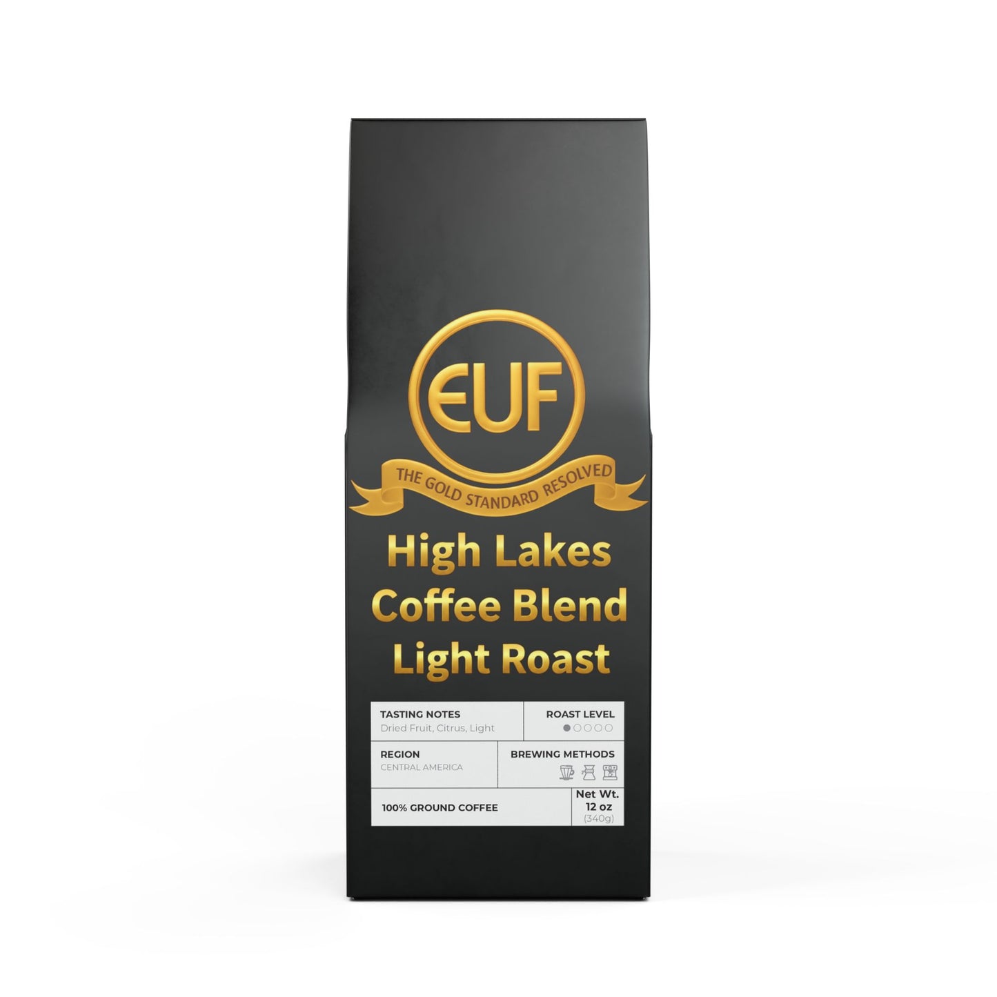 ™The Gold Standard Resolved™: High Lakes Coffee Blend (Light Roast) by ™EUF Outlet.. rendered in solid 24K gold 99.99 purity lettering on a transparent background for Express Unity Fashion.