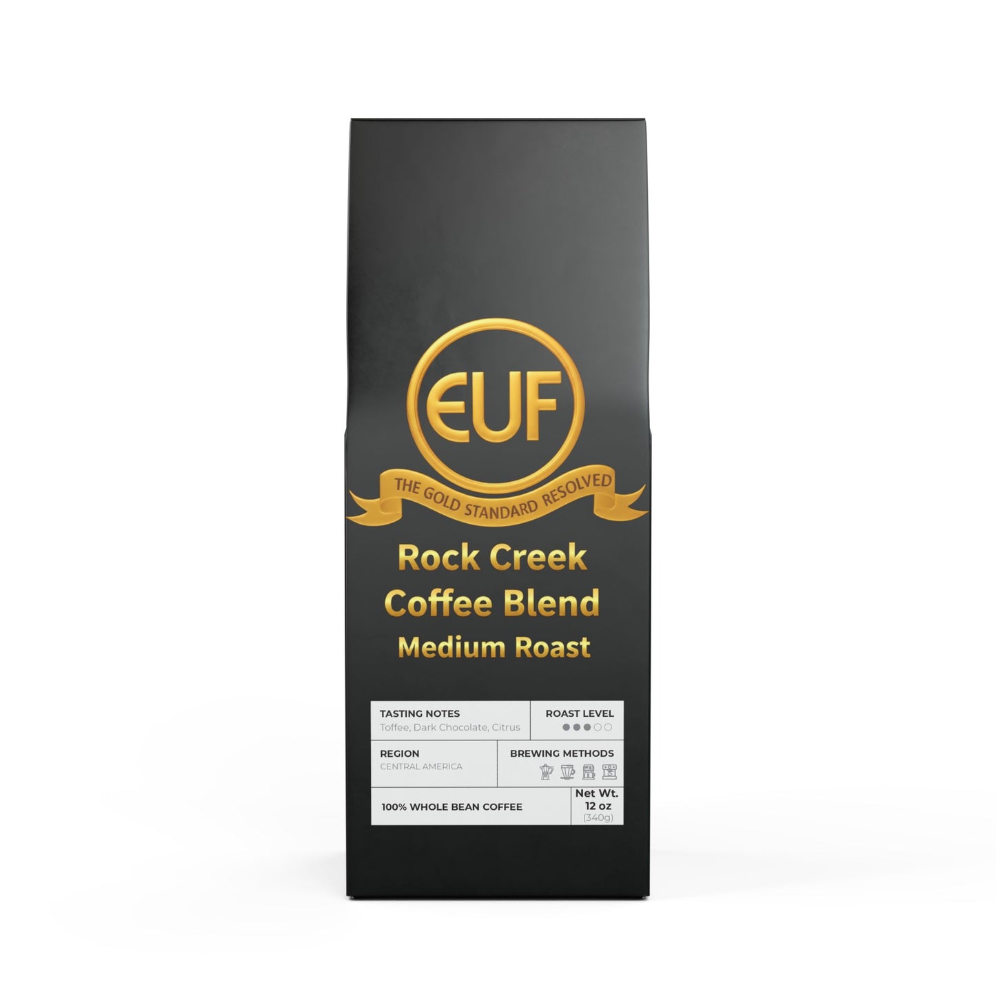 ™The Gold Standard Resolved™: Rock Creek Coffee Blend (Medium Roast) by ™EUF Outlet.. presented in solid 24K gold 99.99 purity lettering on a transparent background for Express Unity Fashion.