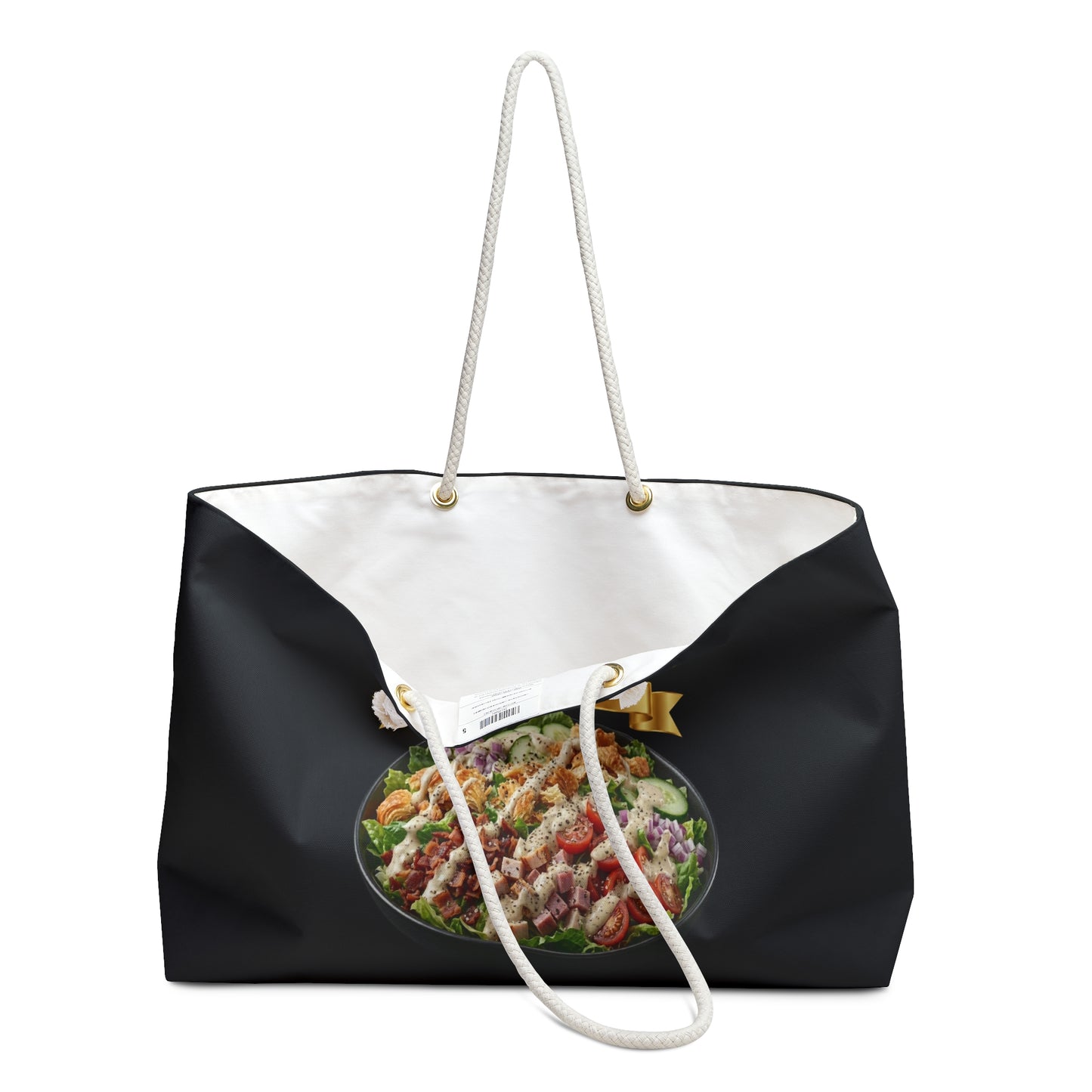 3D Food Fashion design for E U F Outlet featuring a loaded salad with bacon, turkey, ham, tomatoes, cucumbers, onions, croissants, heavy ranch dressing, black pepper, and salt on a premium Weekender bag.