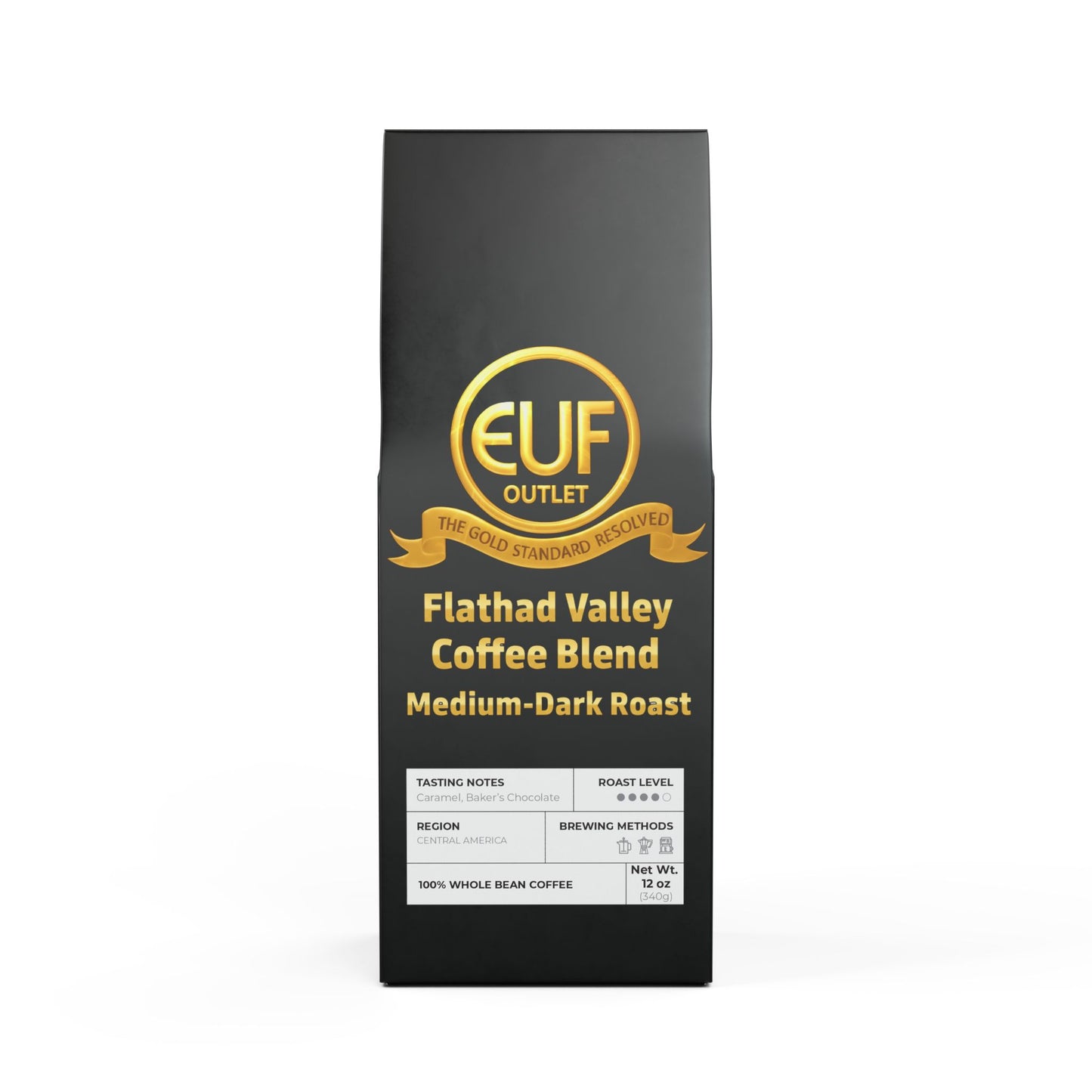 ™The Gold Standard Resolved™: Flathead Valley Coffee Blend (Medium-Dark Roast) by ™EUF Outlet.. featuring solid 24K gold 99.99 purity lettering on a transparent background for Express Unity Fashion.