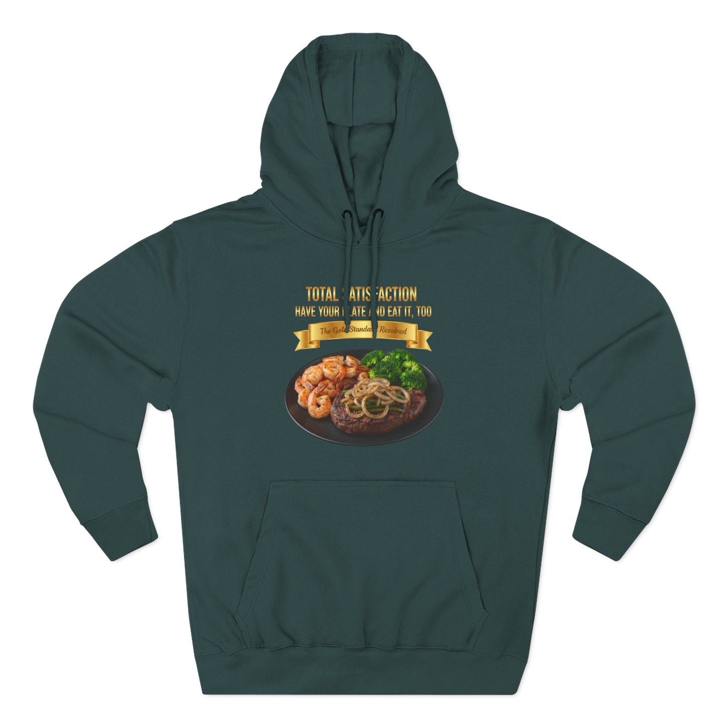 3D Food Fashion design for E U F Outlet featuring a grilled ribeye steak with green peppers and onions, shrimp, and broccoli on a black plate against a solid black ground on a premium hoodie.