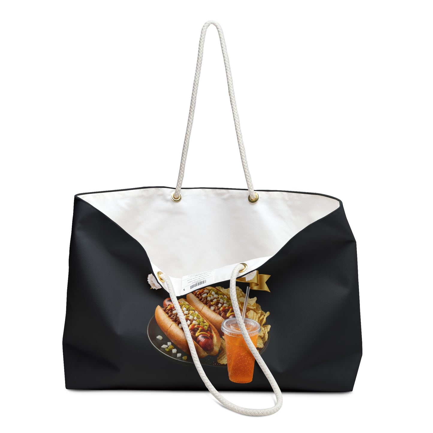 3D Food Fashion design for E U F Outlet featuring two grilled hot dogs with chili relish and onions, potato chips, and orange soda on a black plate against a solid black ground on a premium Weekender bag.