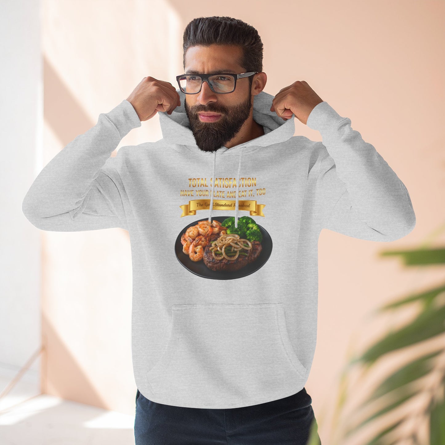 3D Food Fashion design for E U F Outlet featuring a grilled ribeye steak with green peppers and onions, shrimp, and broccoli on a black plate against a solid black ground on a premium hoodie.
