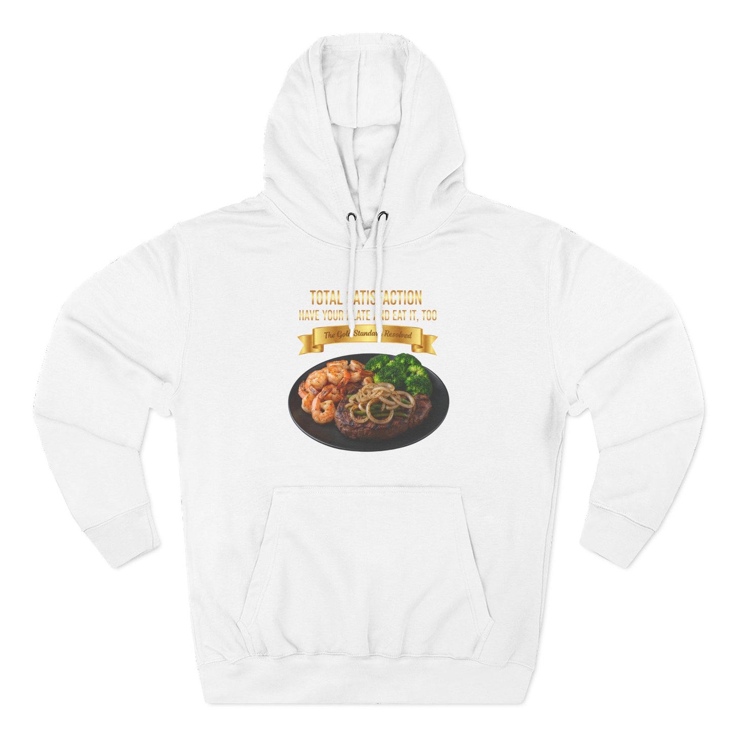 3D Food Fashion design for E U F Outlet featuring a grilled ribeye steak with green peppers and onions, shrimp, and broccoli on a black plate against a solid black ground on a premium hoodie.