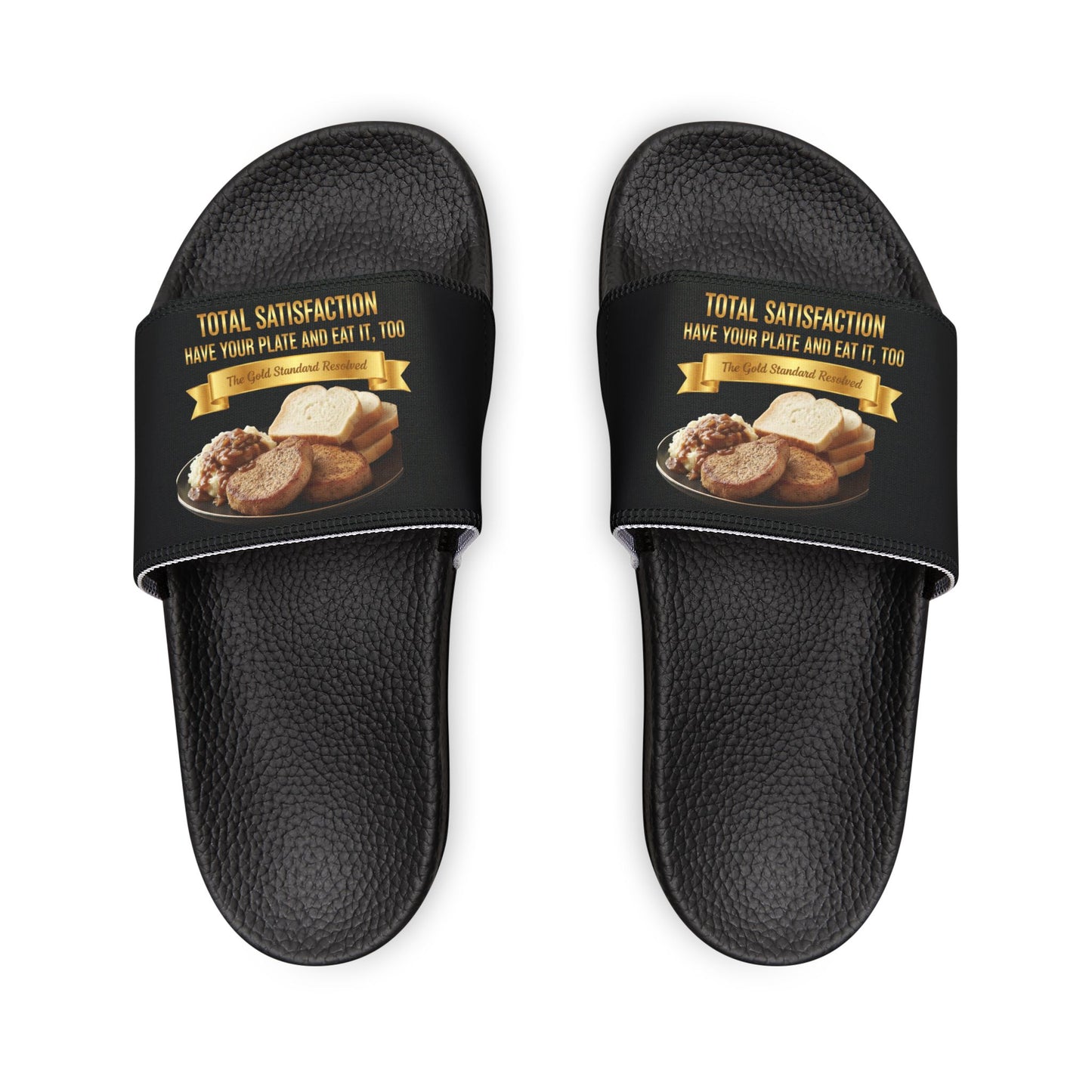 3D Food Fashion design for E U F Outlet featuring two baked pork chops, mashed potatoes, tomatoes with gravy and onions, and four slices of white bread on a black plate, square format for premium sandals.