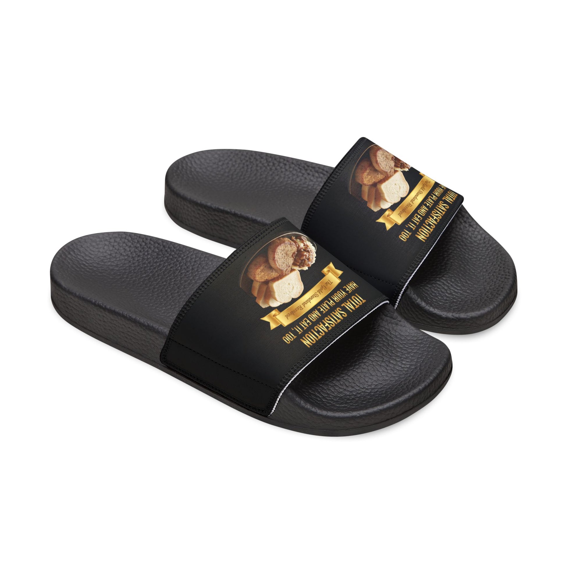 3D Food Fashion design for E U F Outlet featuring two baked pork chops, mashed potatoes, tomatoes with gravy and onions, and four slices of white bread on a black plate, square format for premium sandals.