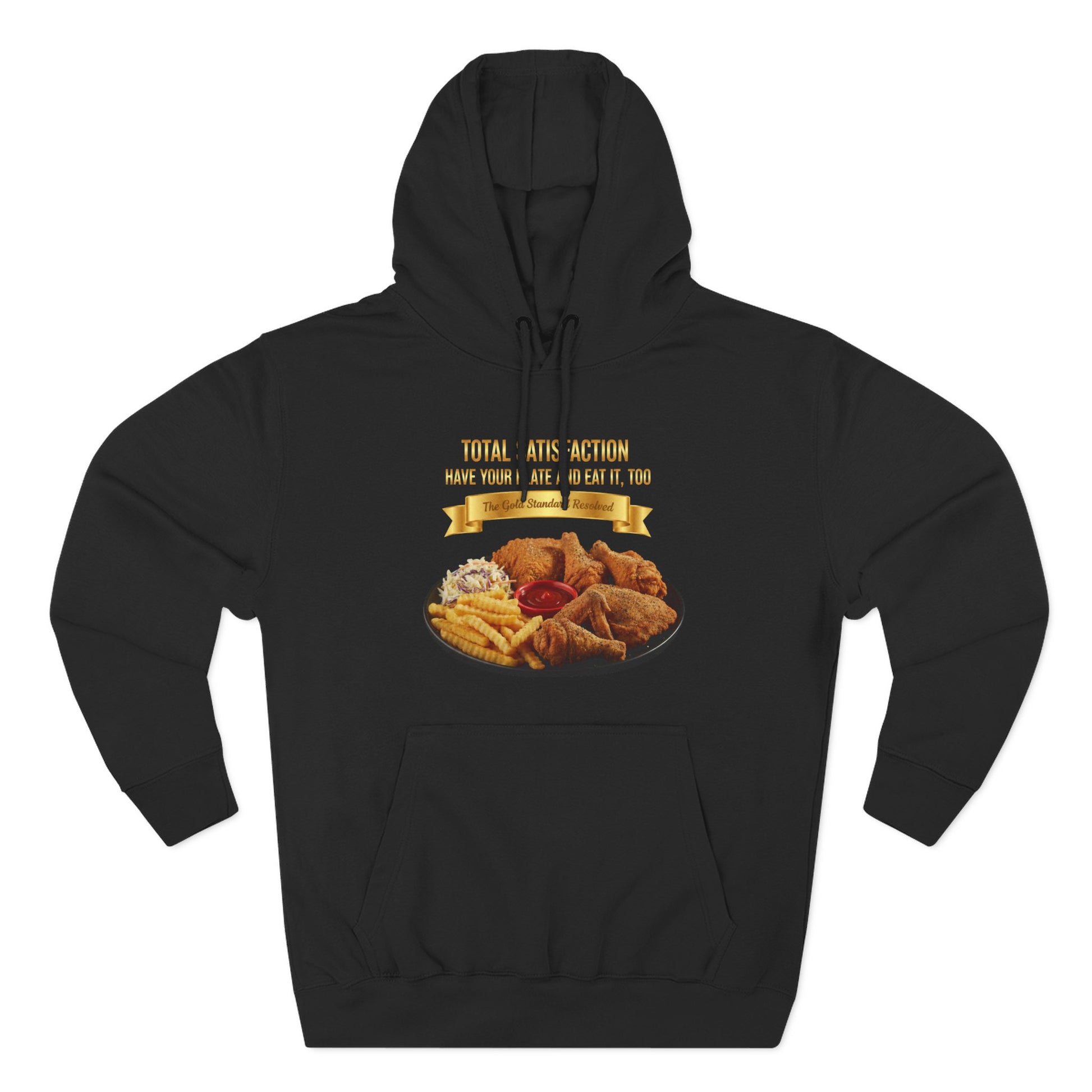 3D Food Fashion design for E U F Outlet featuring six pieces of fried chicken, french fries, coleslaw, and ketchup on a black plate against a solid black ground on a premium hoodie.