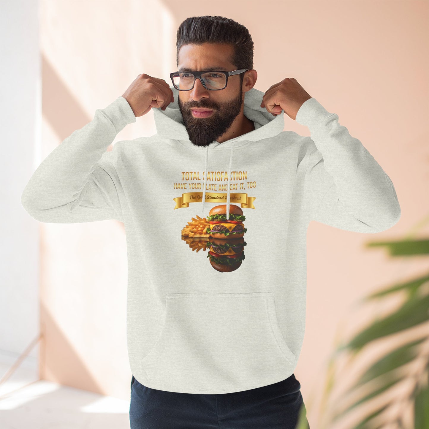 3D Food Fashion design for E U F Outlet featuring a cheeseburger and french fries on a black plate against a solid black ground on a premium hoodie.