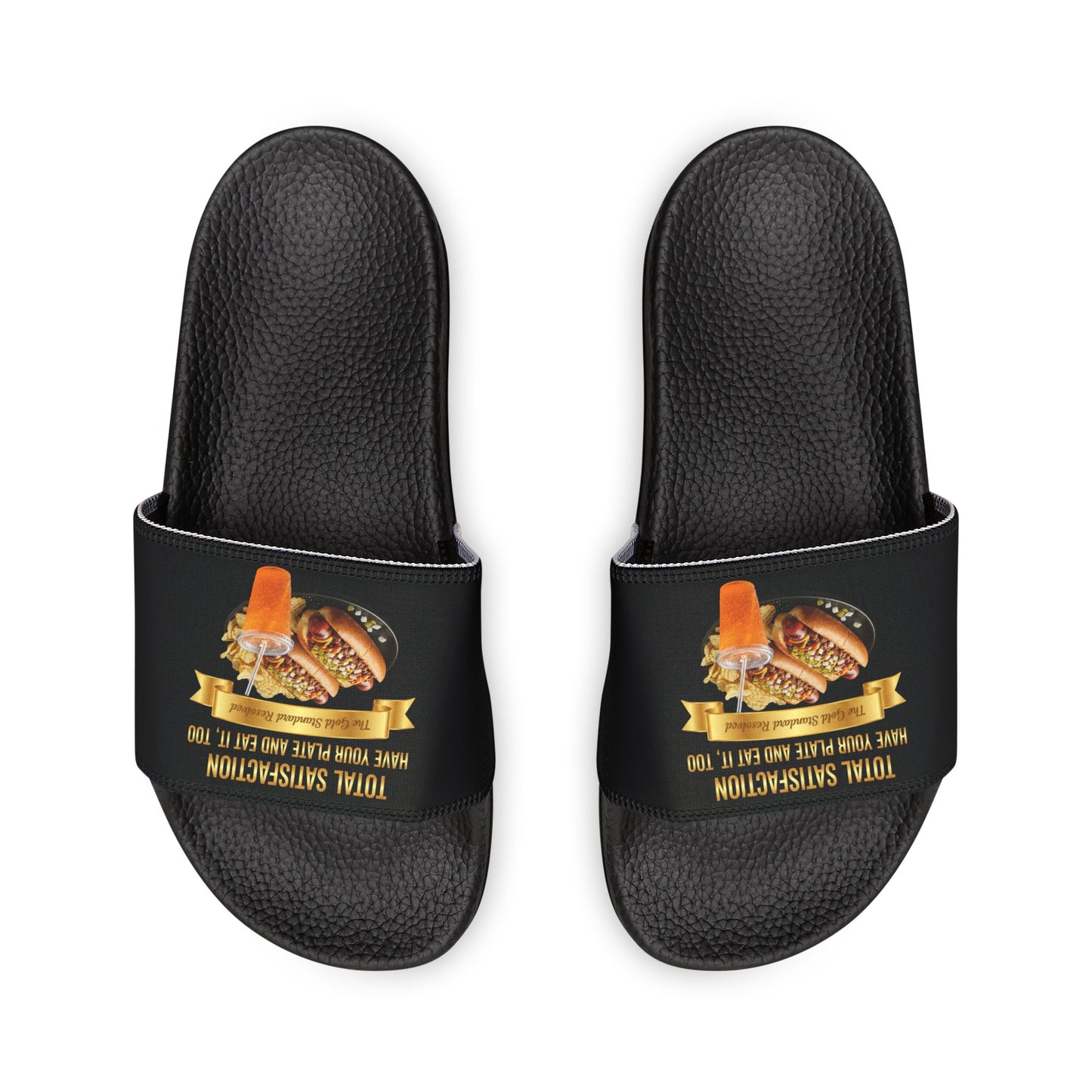 3D Food Fashion design for E U F Outlet featuring two chili hot dogs with onions and relish, a pile of potato chips, and a clear cup of orange soda with a lid and straw on a black plate, square format for premium slippers.