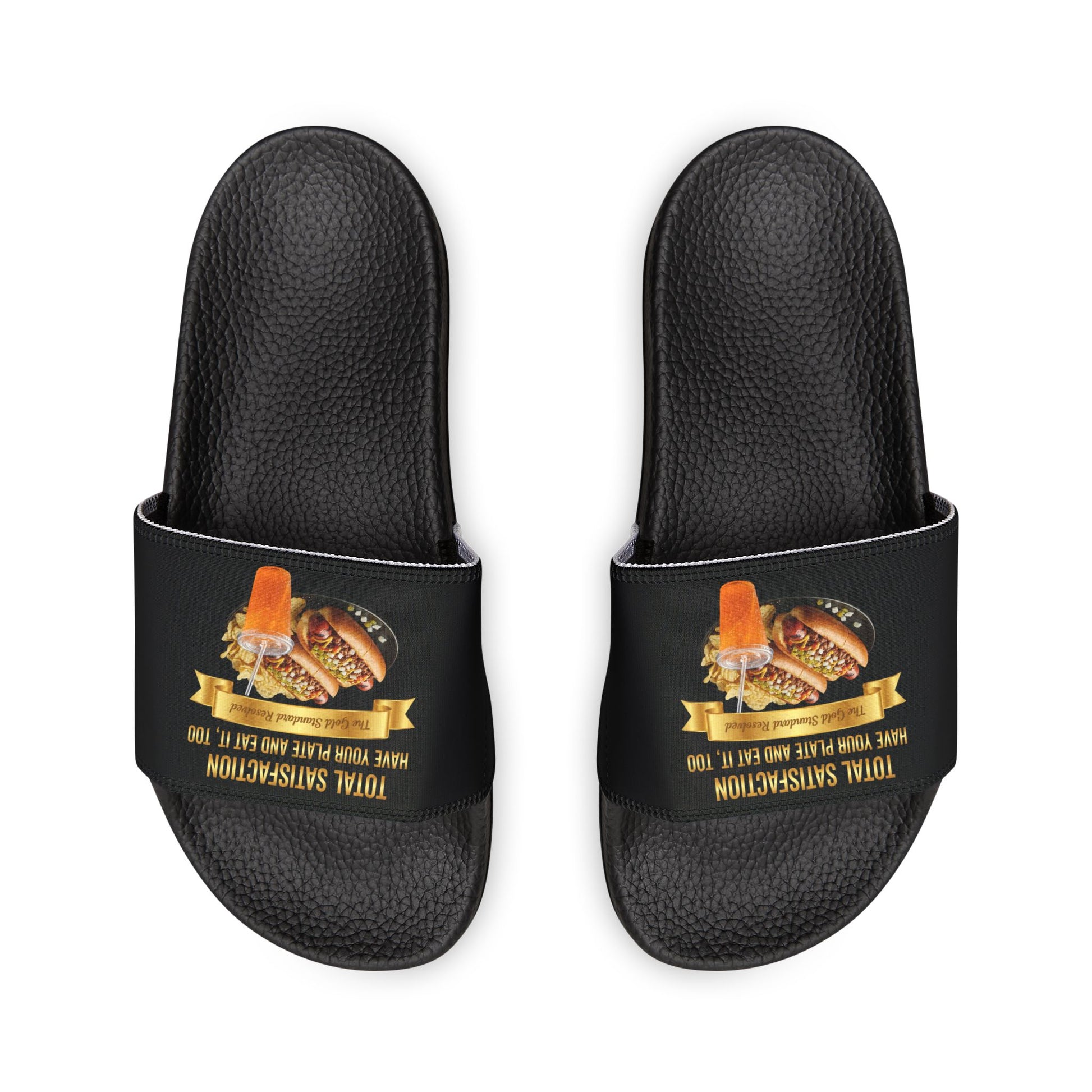 3D Food Fashion design for E U F Outlet featuring two chili hot dogs with onions and relish, a pile of potato chips, and a clear cup of orange soda with a lid and straw on a black plate, square format for premium slippers.