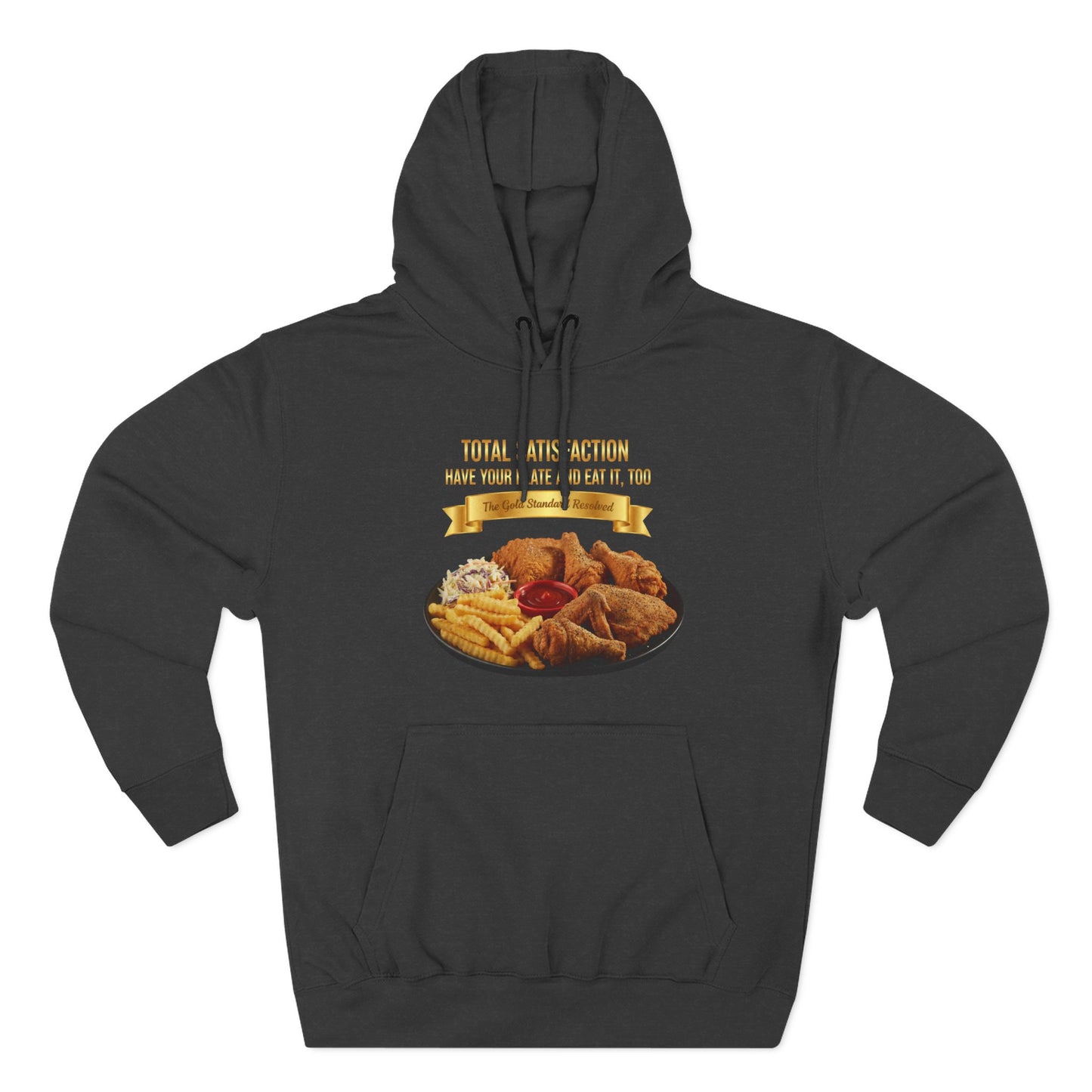 3D Food Fashion design for E U F Outlet featuring six pieces of fried chicken, french fries, coleslaw, and ketchup on a black plate against a solid black ground on a premium hoodie.
