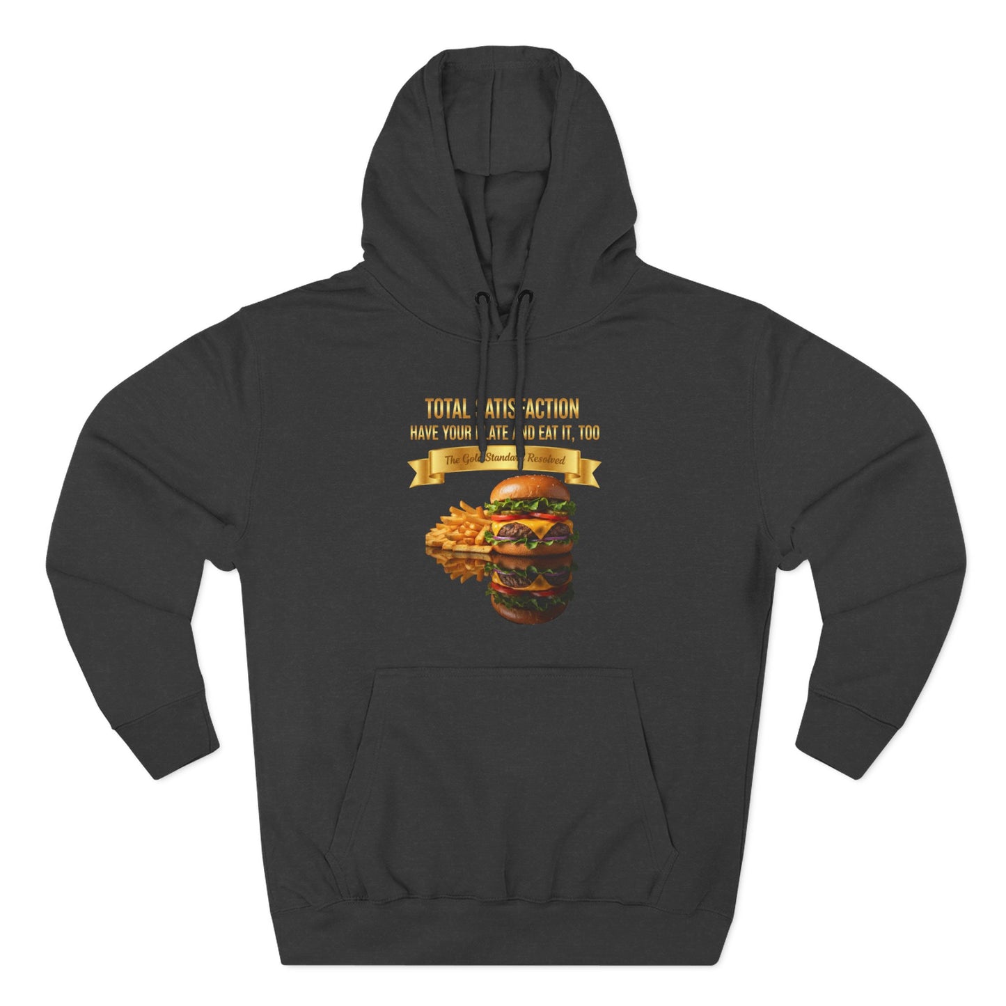 3D Food Fashion design for E U F Outlet featuring a cheeseburger and french fries on a black plate against a solid black ground on a premium hoodie.