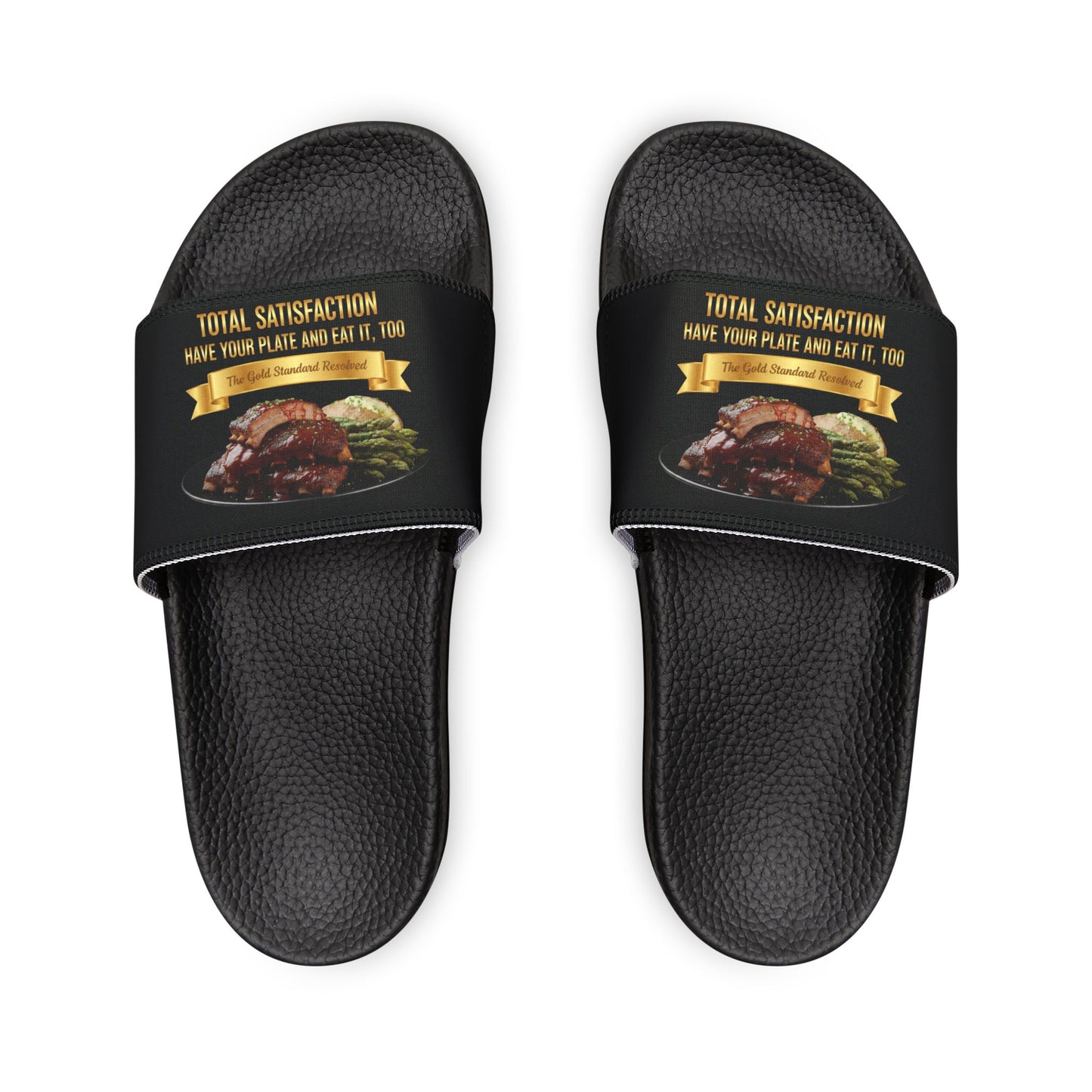 3D Food Fashion design for E U F Outlet featuring barbecue ribs, asparagus, and a baked potato on a black plate against a solid black ground on premium sandals.