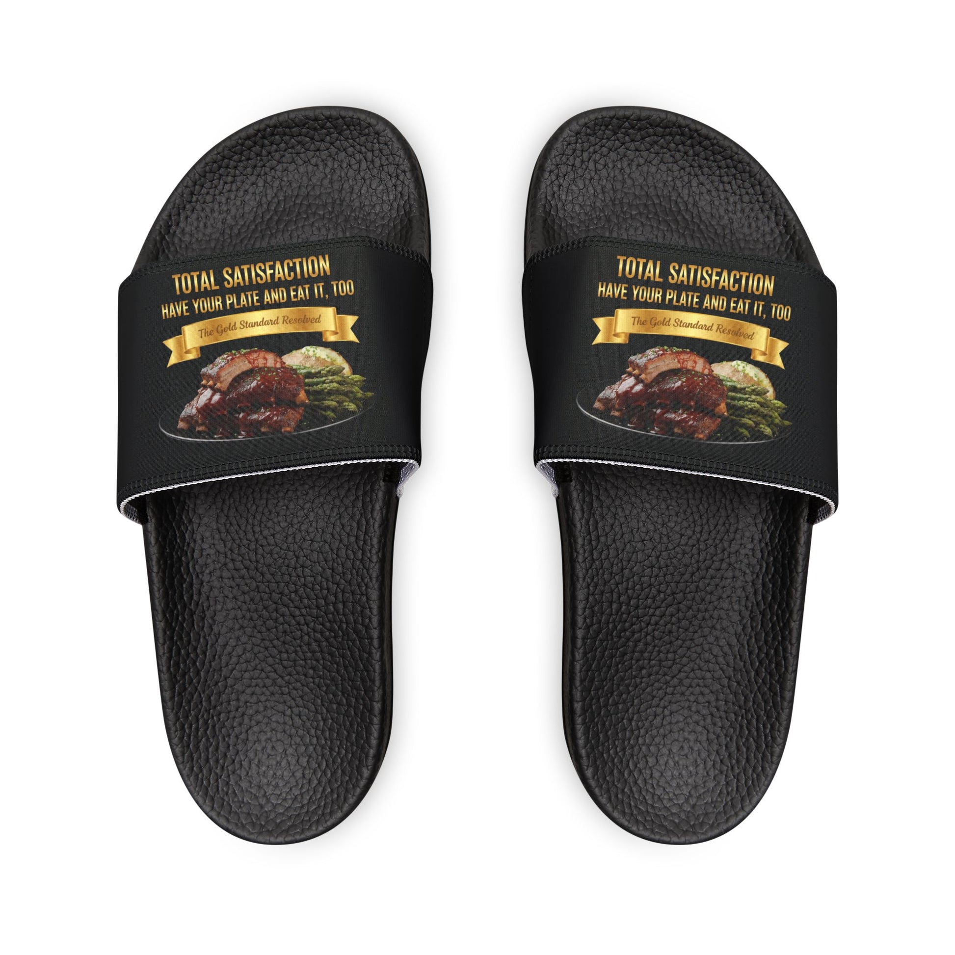 3D Food Fashion design for E U F Outlet featuring barbecue ribs, asparagus, and a baked potato on a black plate against a solid black ground on premium sandals.