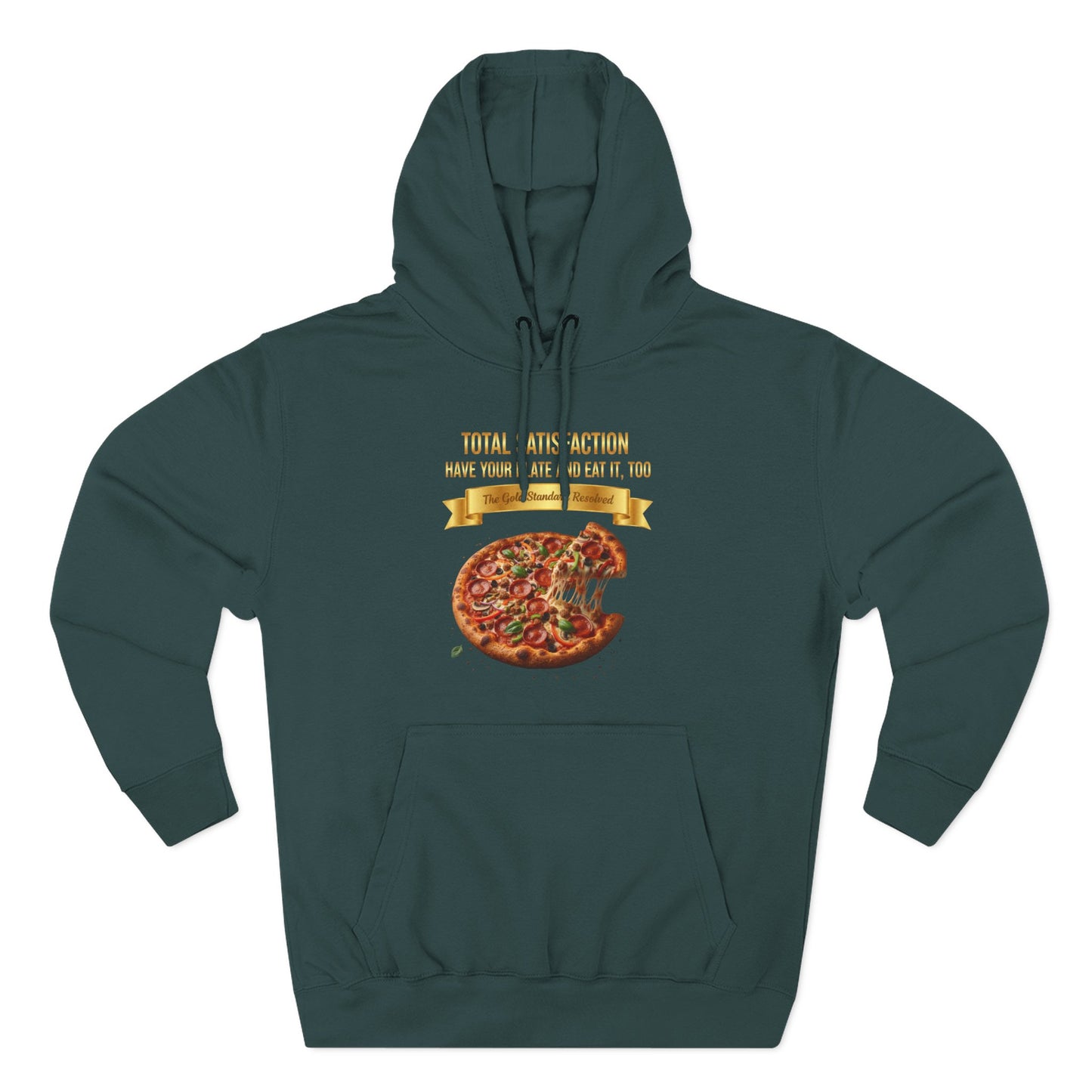 3D Food Fashion design for E U F Outlet featuring a cheesy pizza with toppings on a black plate against a solid black ground on a premium hoodie.