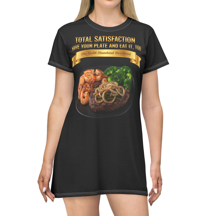 RIB-EYE STEAK PEPPER ONIONS SHRIMP & BROCCOLI T-SHIRT DRESS