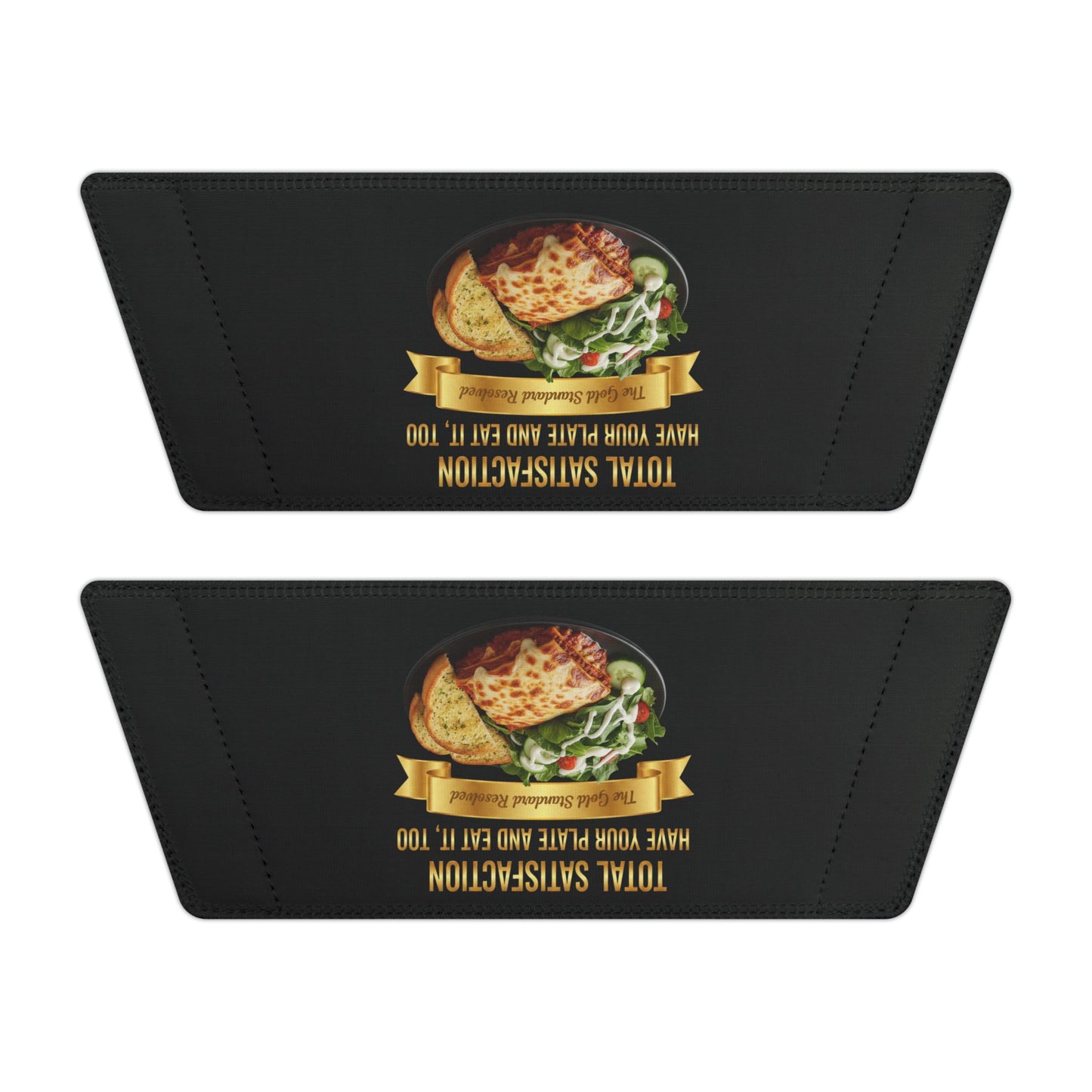 3D Food Fashion design for E U F Outlet featuring a slice of cheesy lasagna, a side salad with ranch dressing, and two slices of toasted garlic bread on a black plate, square format for premium slippers.
