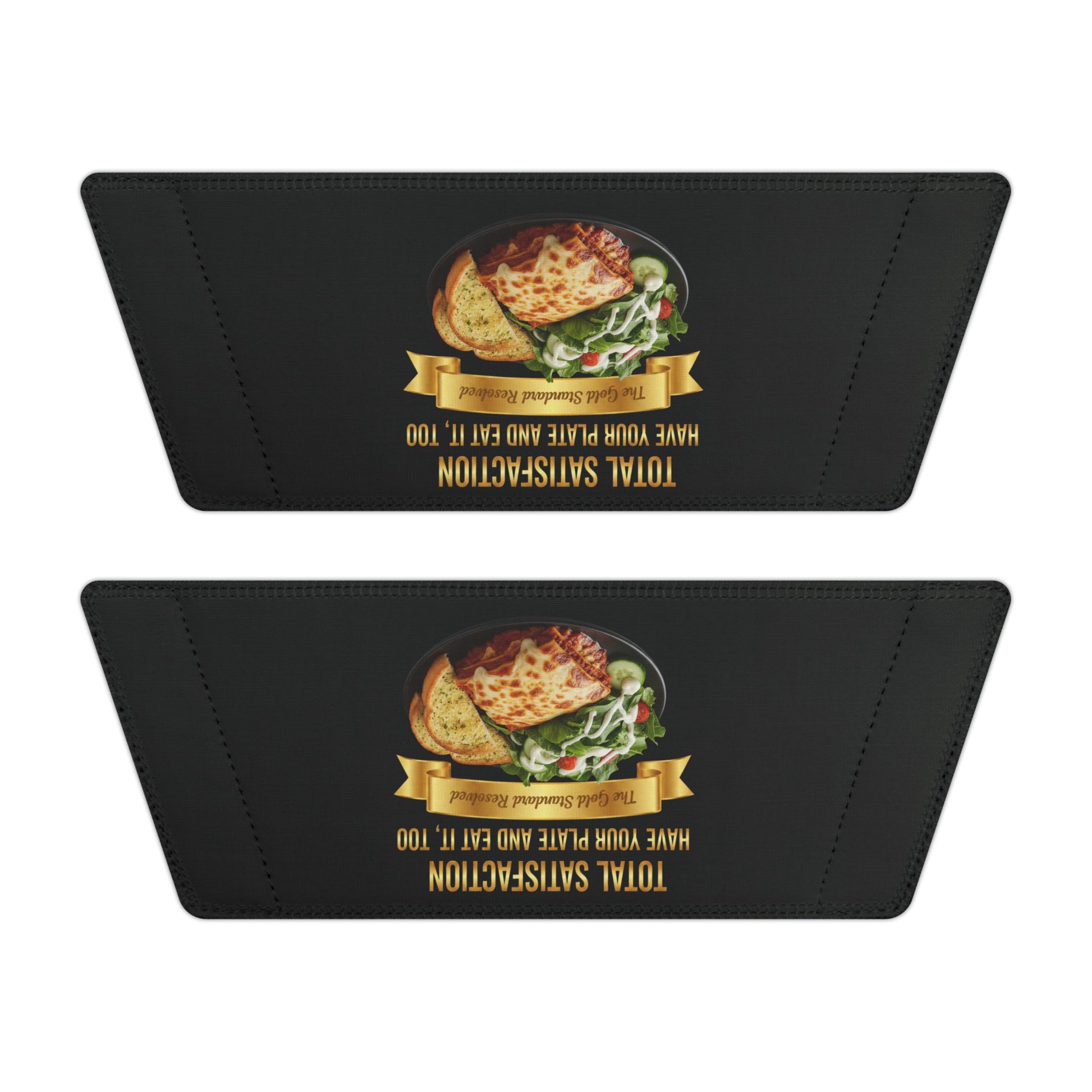 3D Food Fashion design for E U F Outlet featuring a slice of cheesy lasagna, a side salad with ranch dressing, and two slices of toasted garlic bread on a black plate, square format for premium slippers.