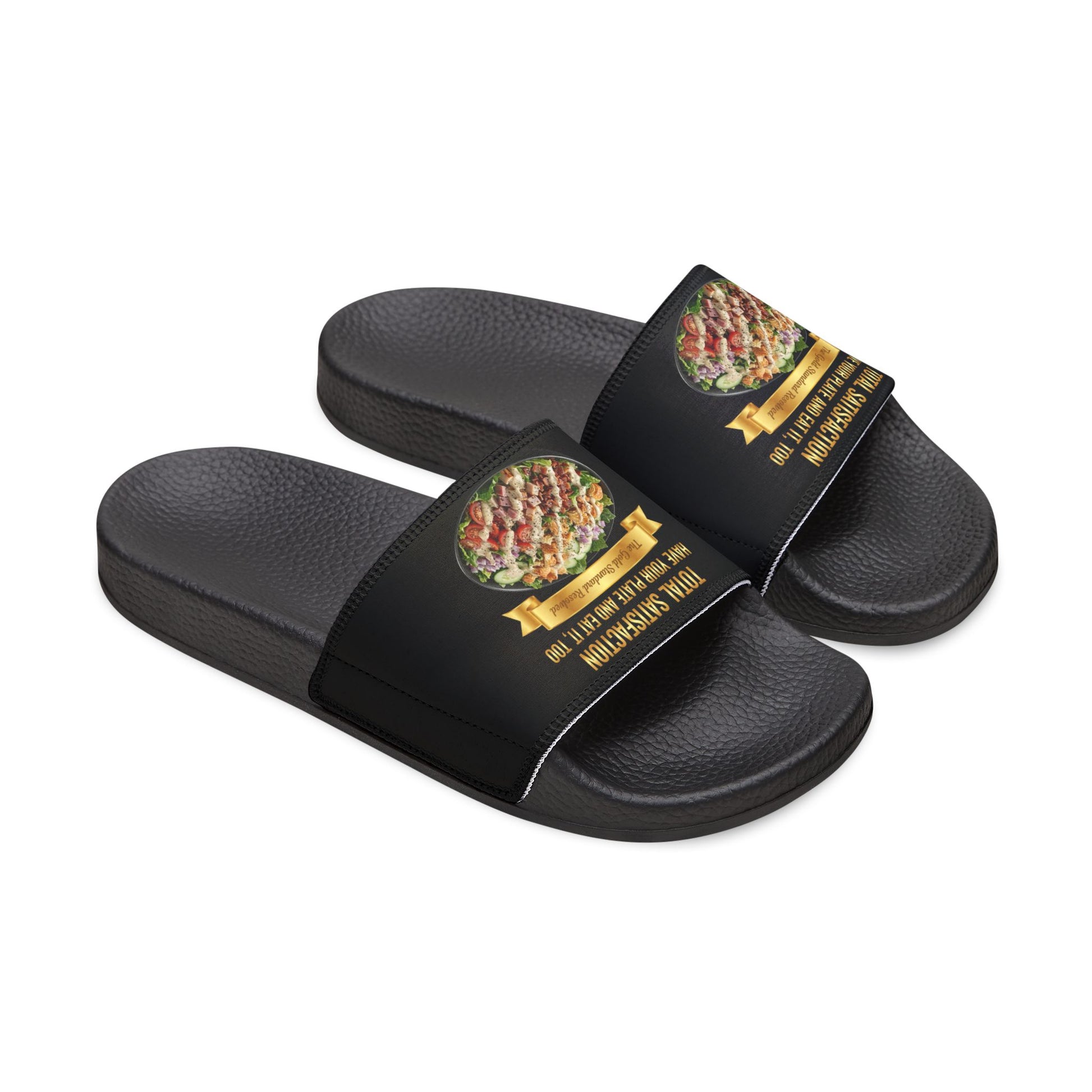 3D Food Fashion design for E U F Outlet featuring a loaded salad with bacon, turkey, ham, tomatoes, cucumbers, onions, croissants, and ranch dressing with black pepper and salt on a pair of premium sandals.