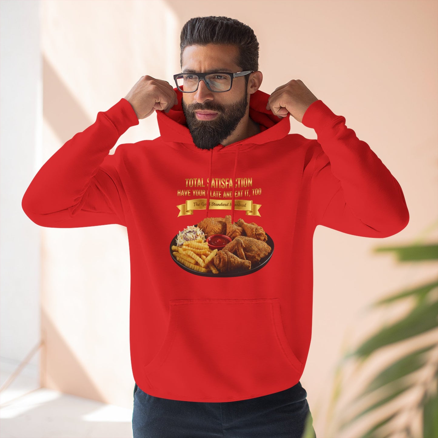 3D Food Fashion design for E U F Outlet featuring six pieces of fried chicken, french fries, coleslaw, and ketchup on a black plate against a solid black ground on a premium hoodie.