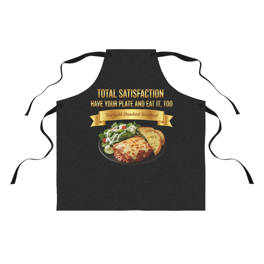 3D Food Fashion design for E U F Outlet featuring lasagna, a salad with ranch dressing, and two pieces of garlic bread on a black plate against a solid black ground on a premium apron.