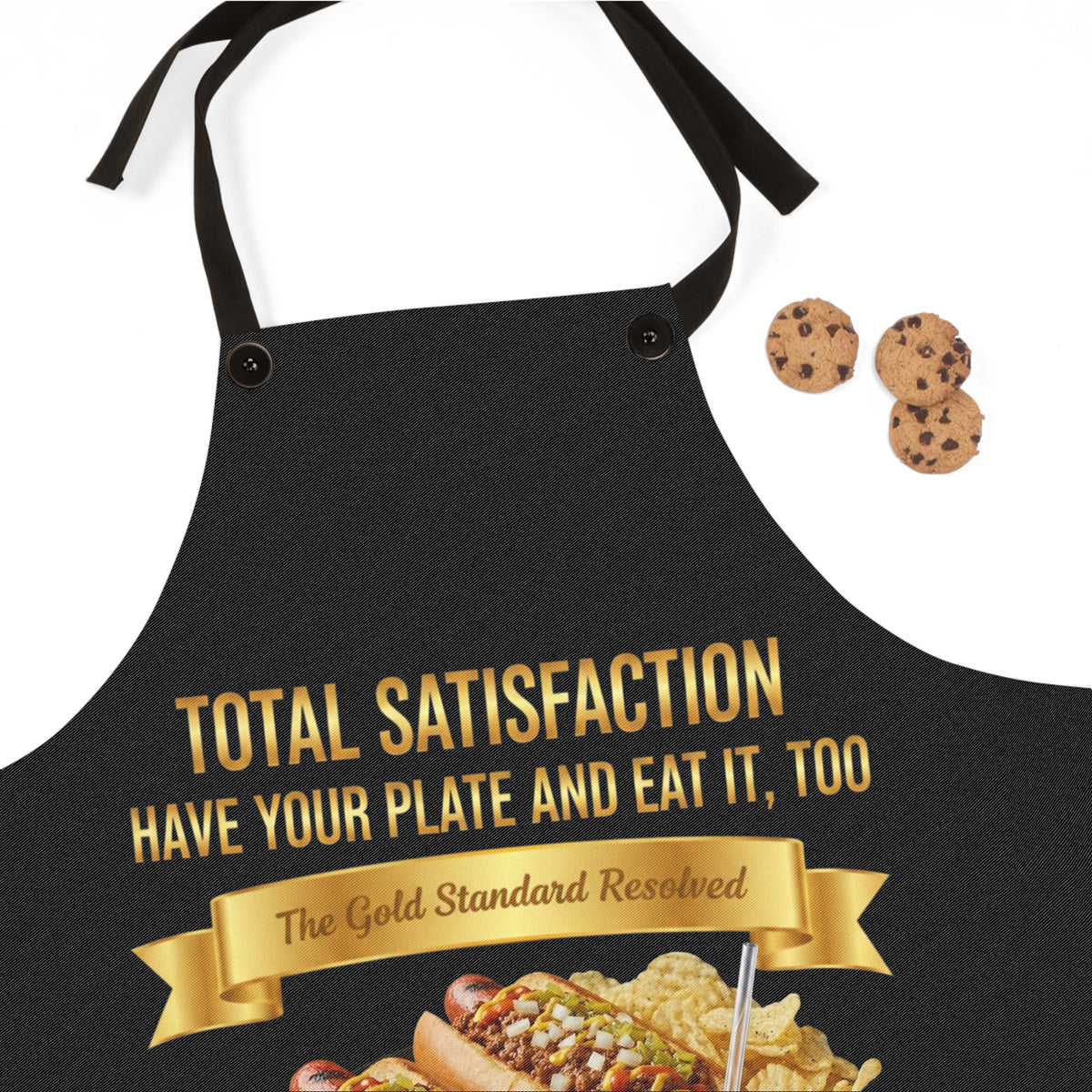 A black bib apron with gold text reading &