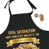 A black bib apron with gold text reading &