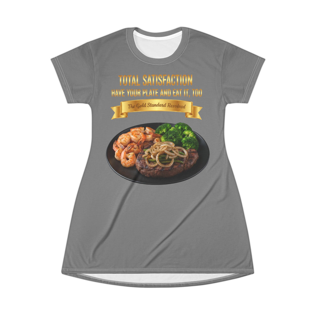 RIB-EYE STEAK PEPPER ONIONS SHRIMP & BROCCOLI T-SHIRT DRESS