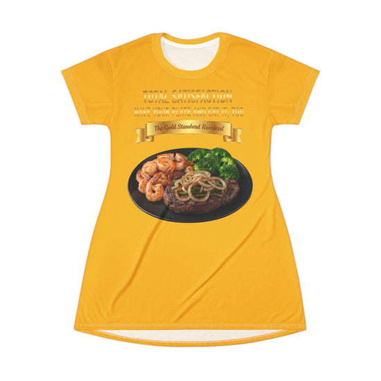 RIB-EYE STEAK PEPPER ONIONS SHRIMP & BROCCOLI T-SHIRT DRESS