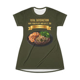 RIB-EYE STEAK PEPPER ONIONS SHRIMP & BROCCOLI T-SHIRT DRESS