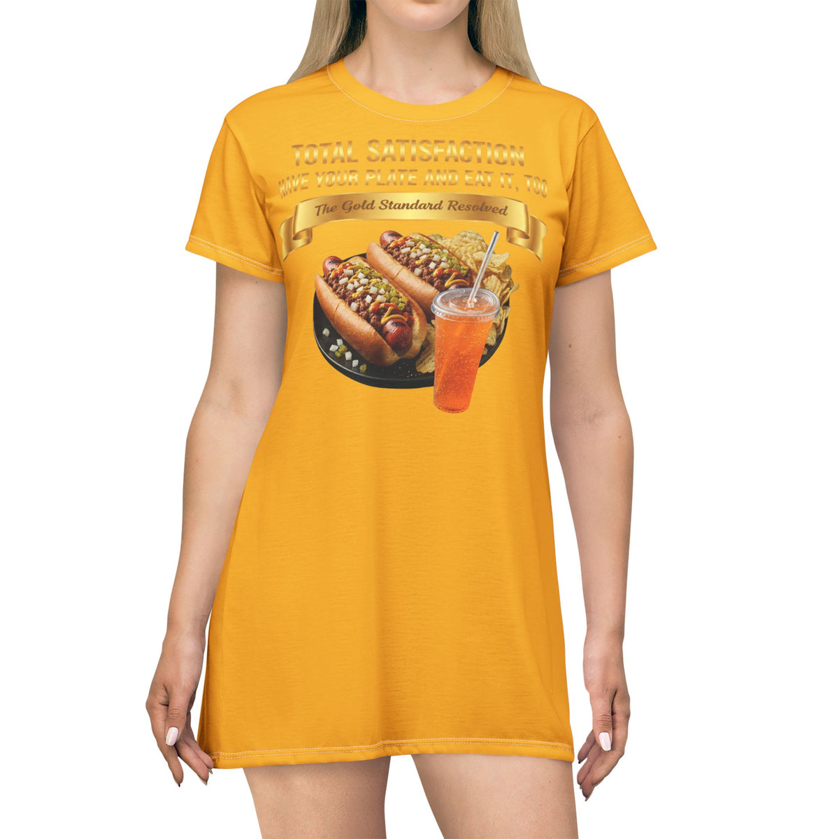  GRILLED HOT DOGS WITH CHILI RELISH & ONIONS T-SHIRT DRESS